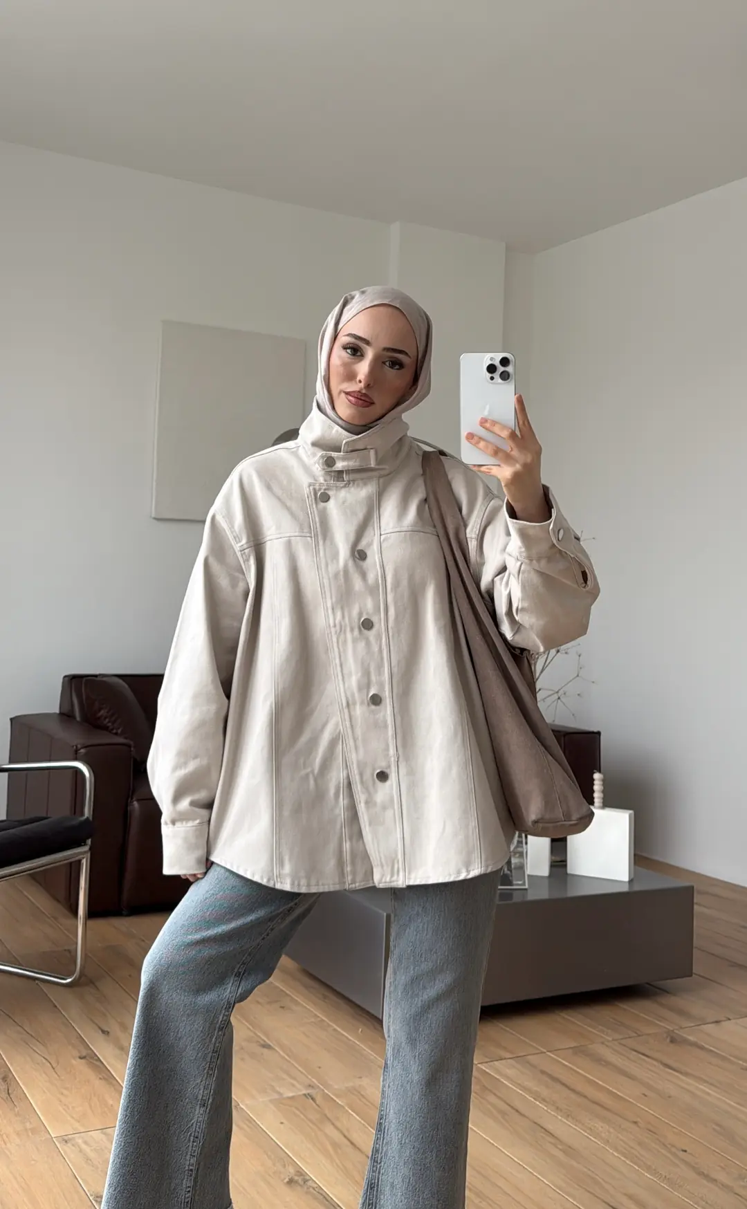 Dik Yaka Çıtçıtlı Gabardin Ceket Taş