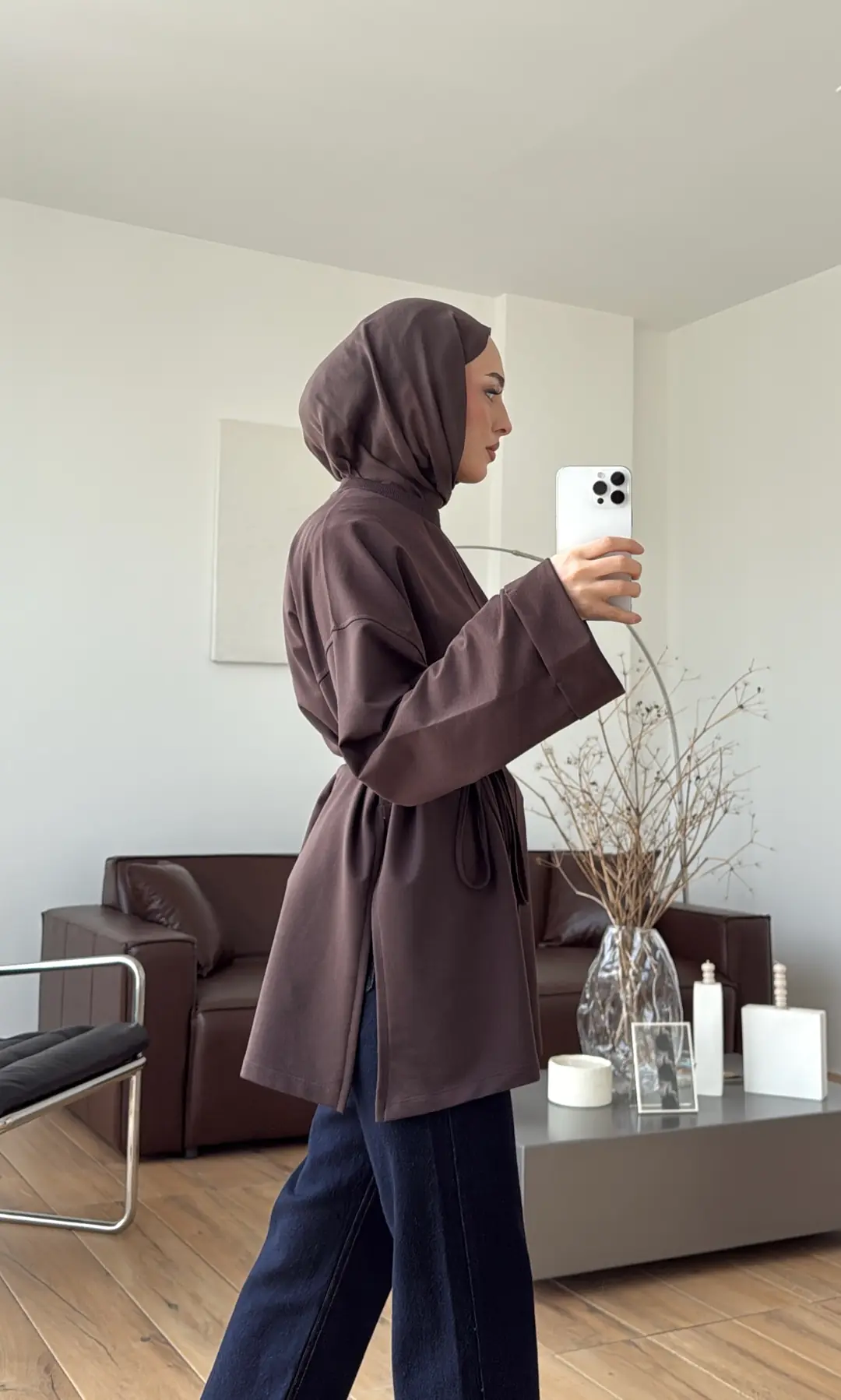 Bağlamalı Yanı Yırtmaç Detay Sweat Kahve