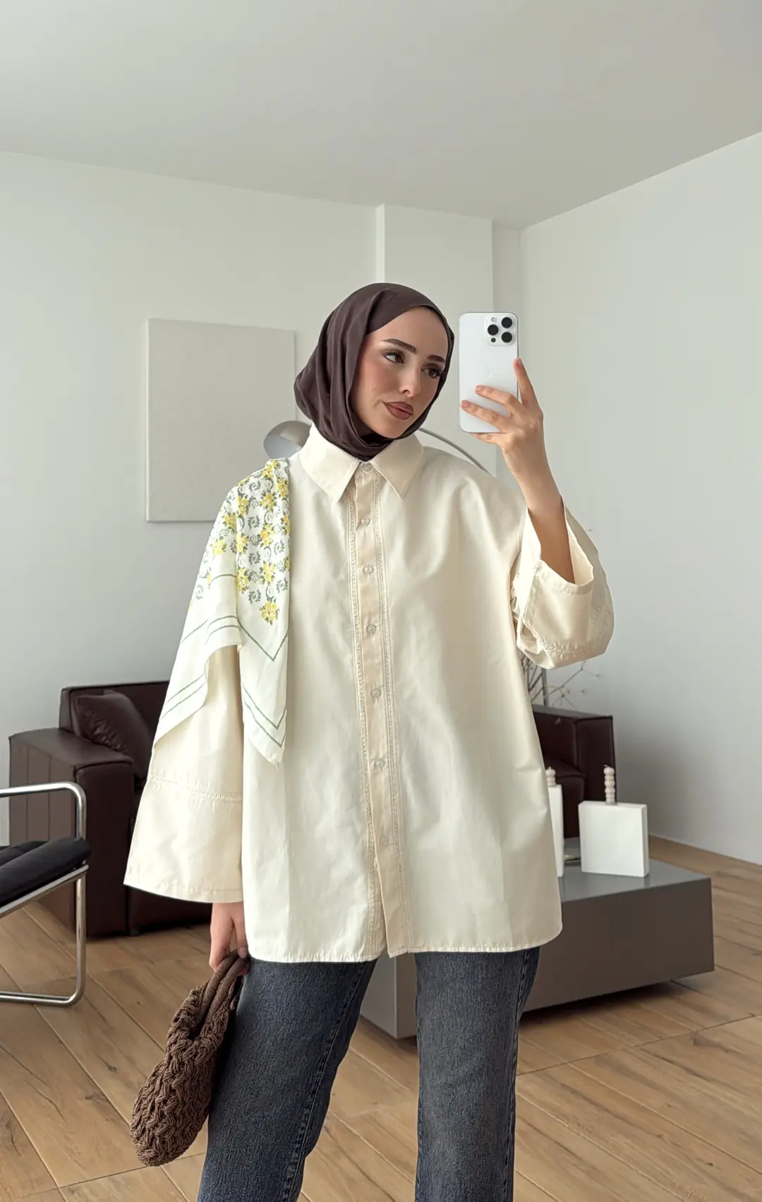 Dantel Geçişli Poplin Gömlek Krem