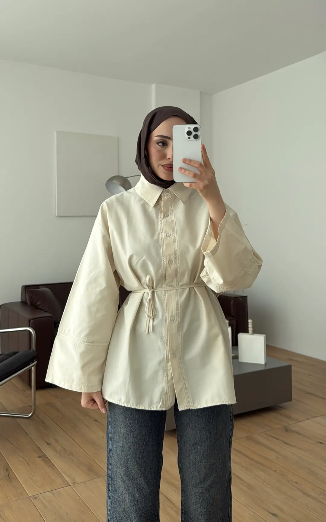 Dantel Geçişli Poplin Gömlek Krem