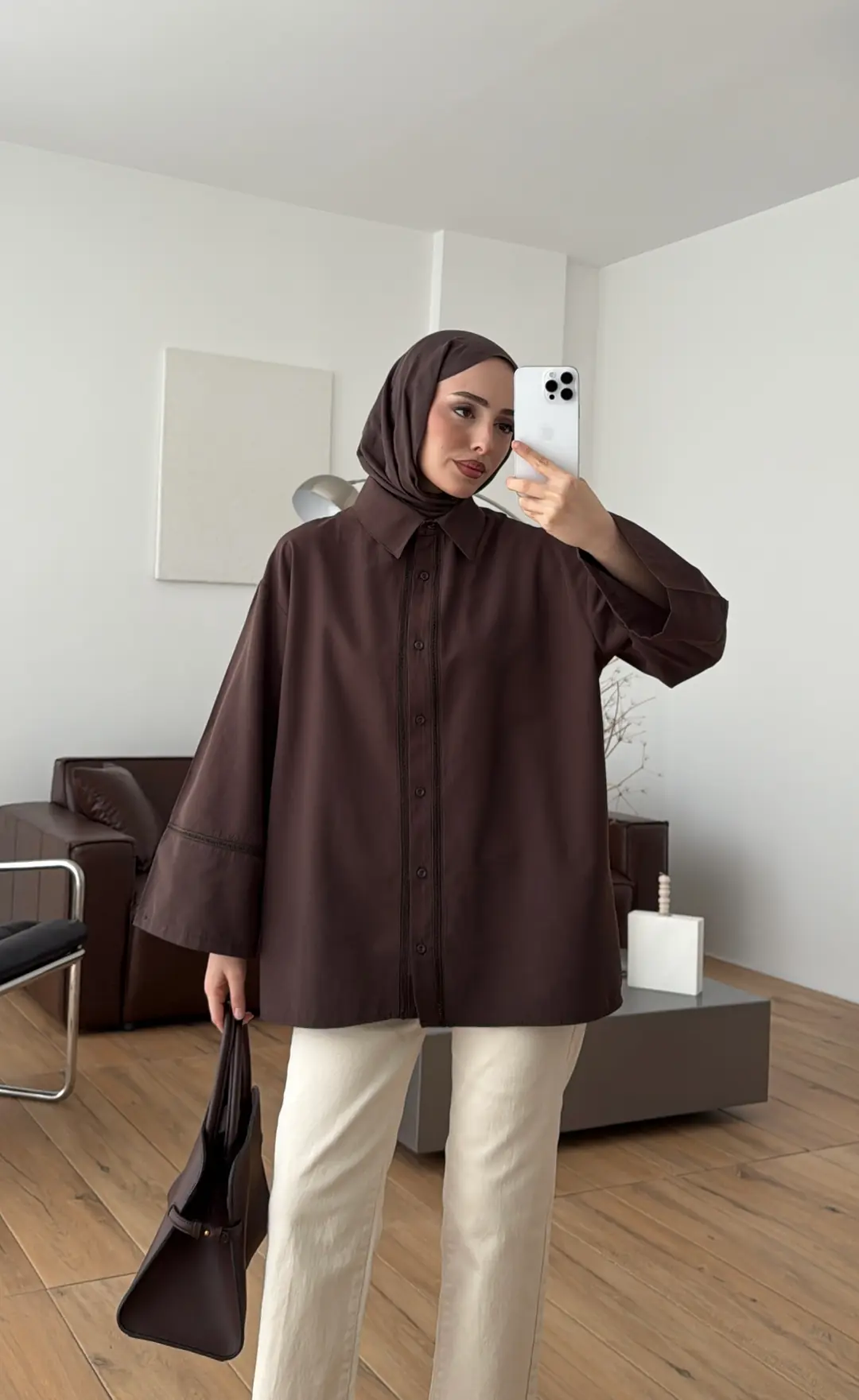 Dantel Geçişli Poplin Gömlek Kahve