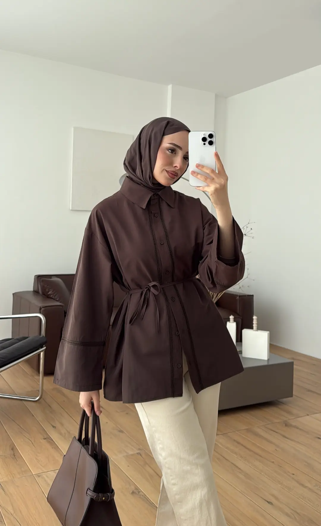 Dantel Geçişli Poplin Gömlek Kahve