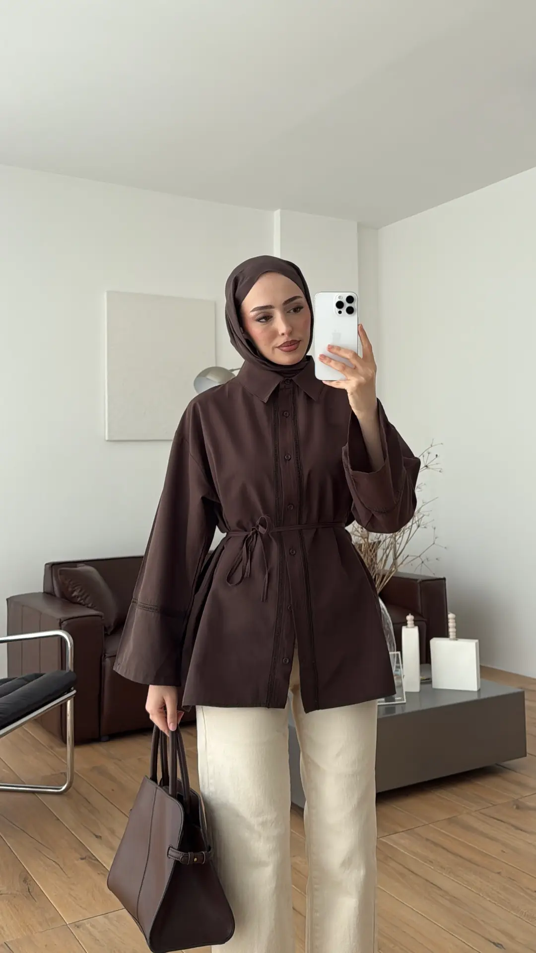 Dantel Geçişli Poplin Gömlek Kahve