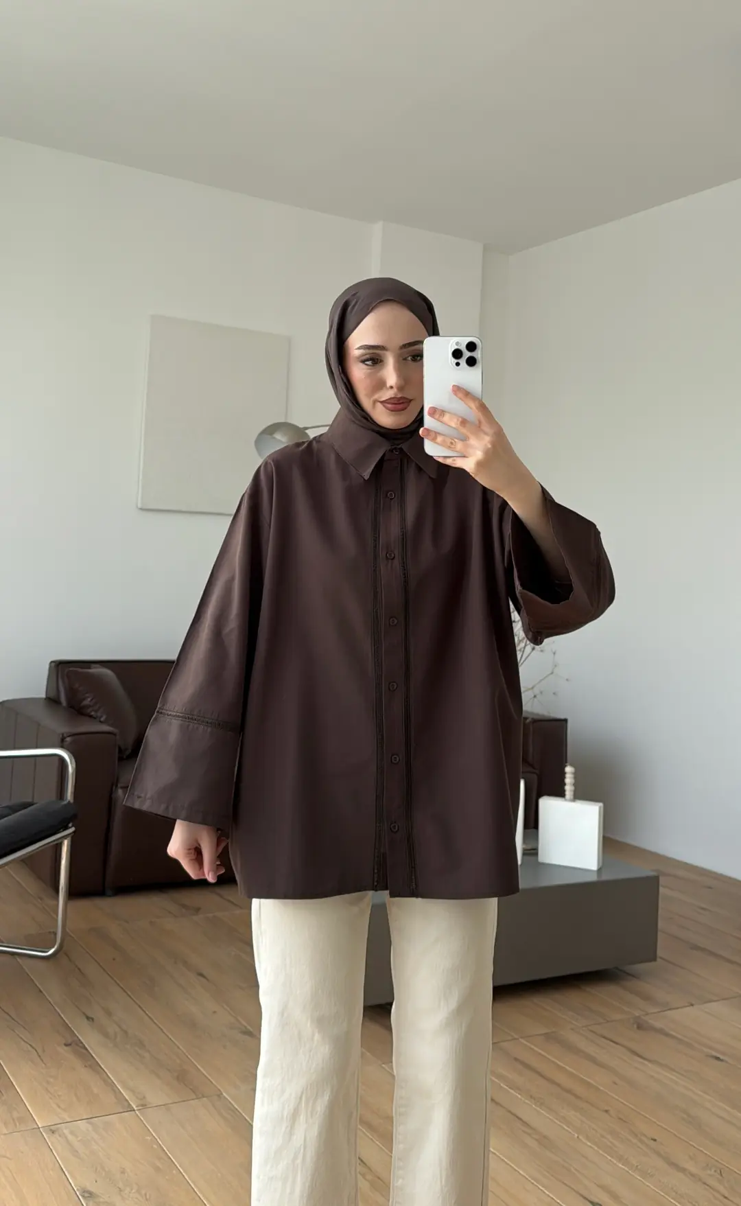Dantel Geçişli Poplin Gömlek Kahve
