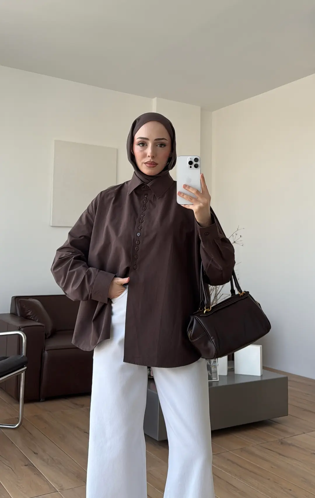 Poplin Sık Düğmeli Gömlek Kahve