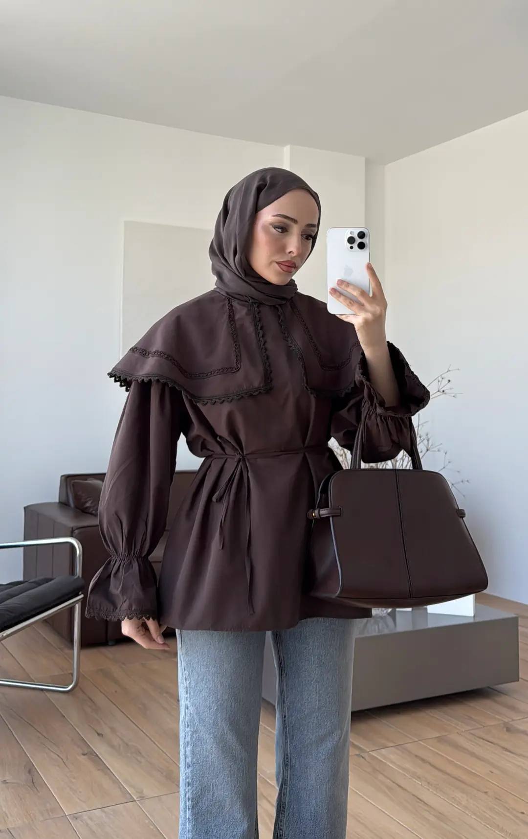 Bebe Yaka Dantel Geçişli Gömlek Kahve