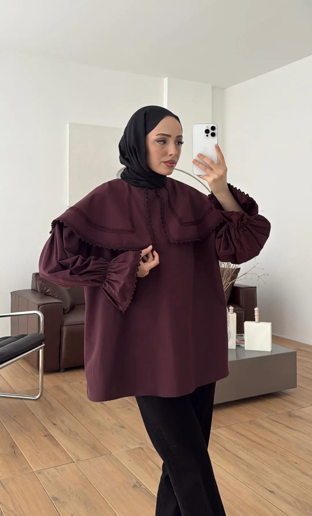 Bebe Yaka Dantel Geçişli Gömlek Bordo