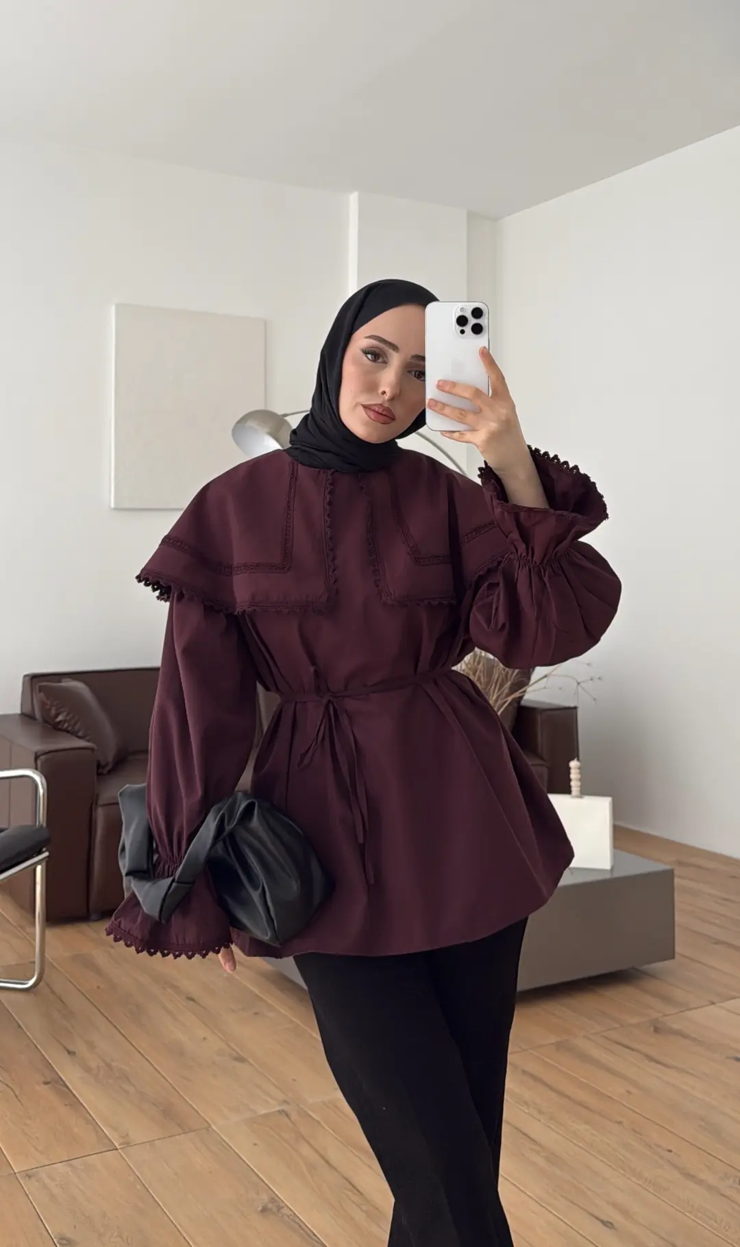 Bebe Yaka Dantel Geçişli Gömlek Bordo