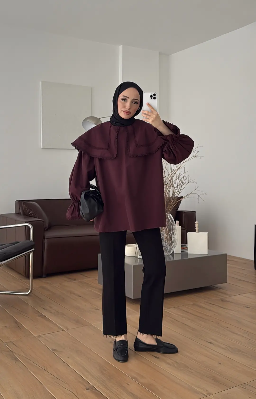 Bebe Yaka Dantel Geçişli Gömlek Bordo