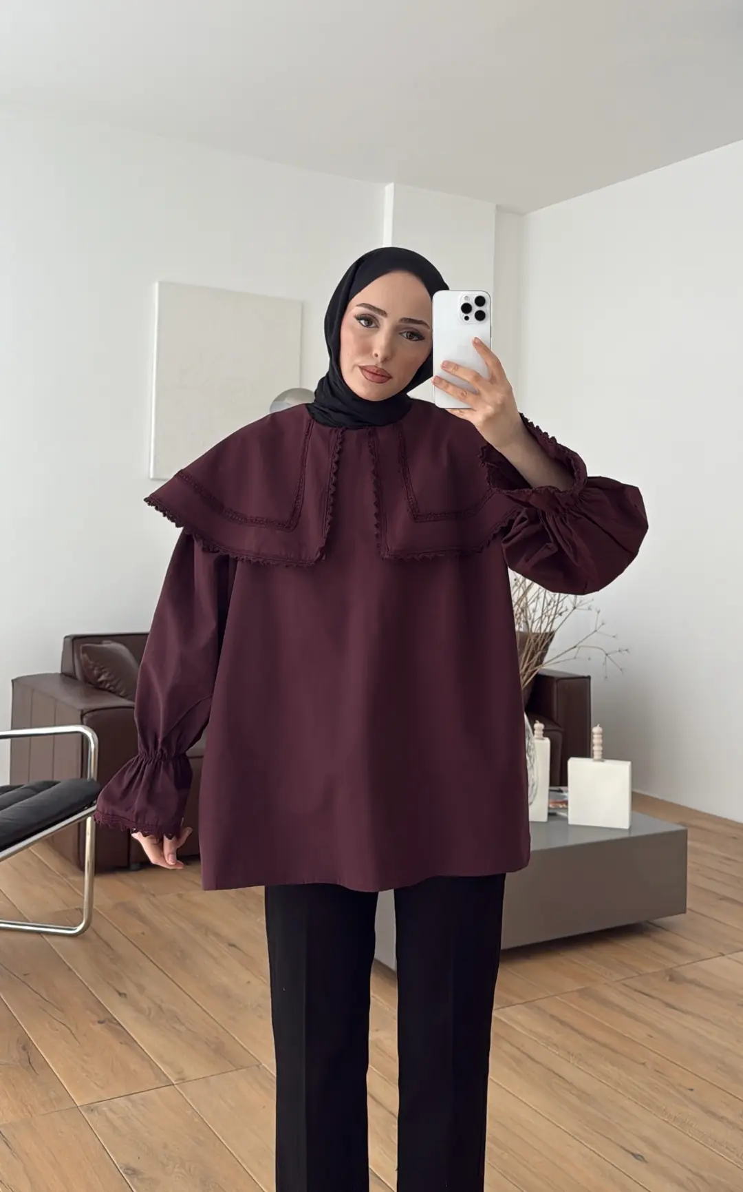 Bebe Yaka Dantel Geçişli Gömlek Bordo