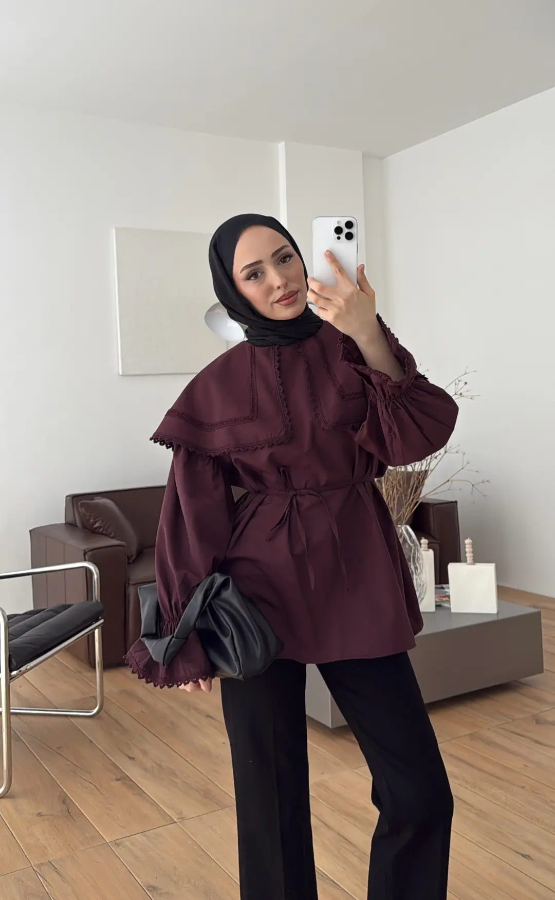 Bebe Yaka Dantel Geçişli Gömlek Bordo