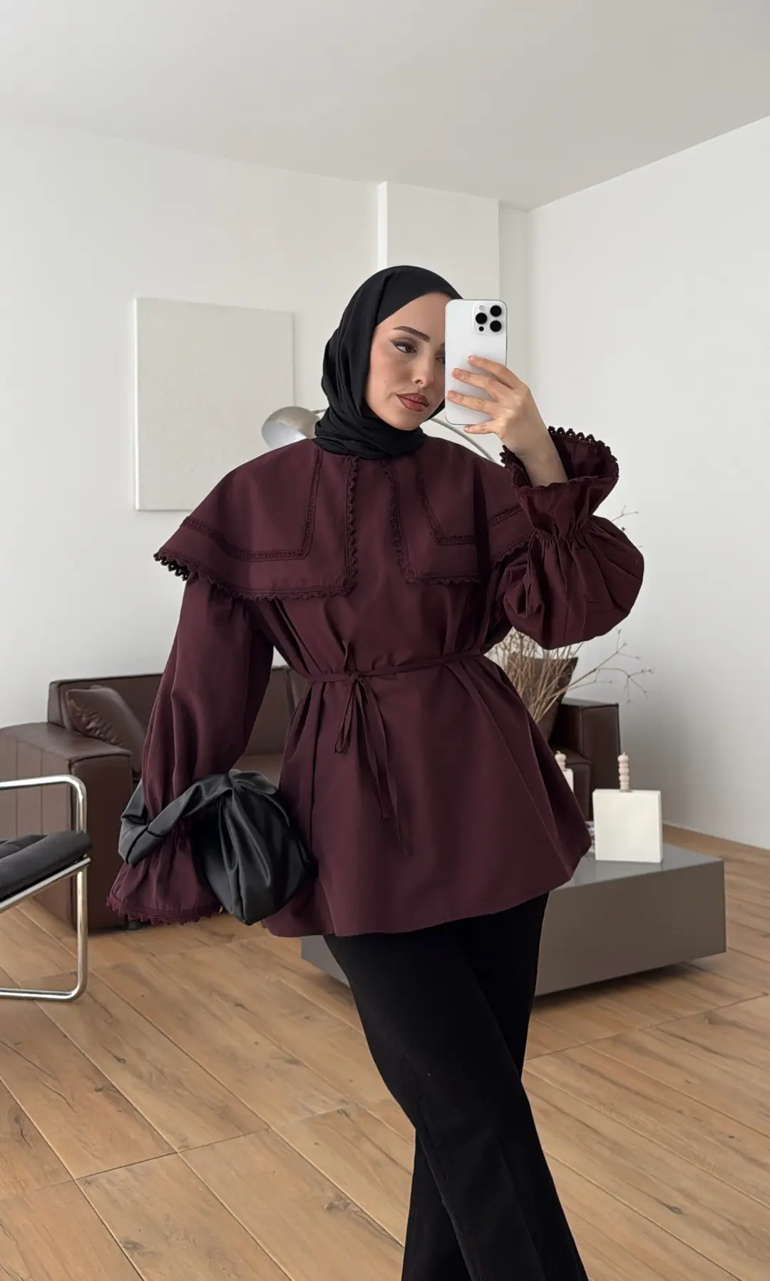 Bebe Yaka Dantel Geçişli Gömlek Bordo