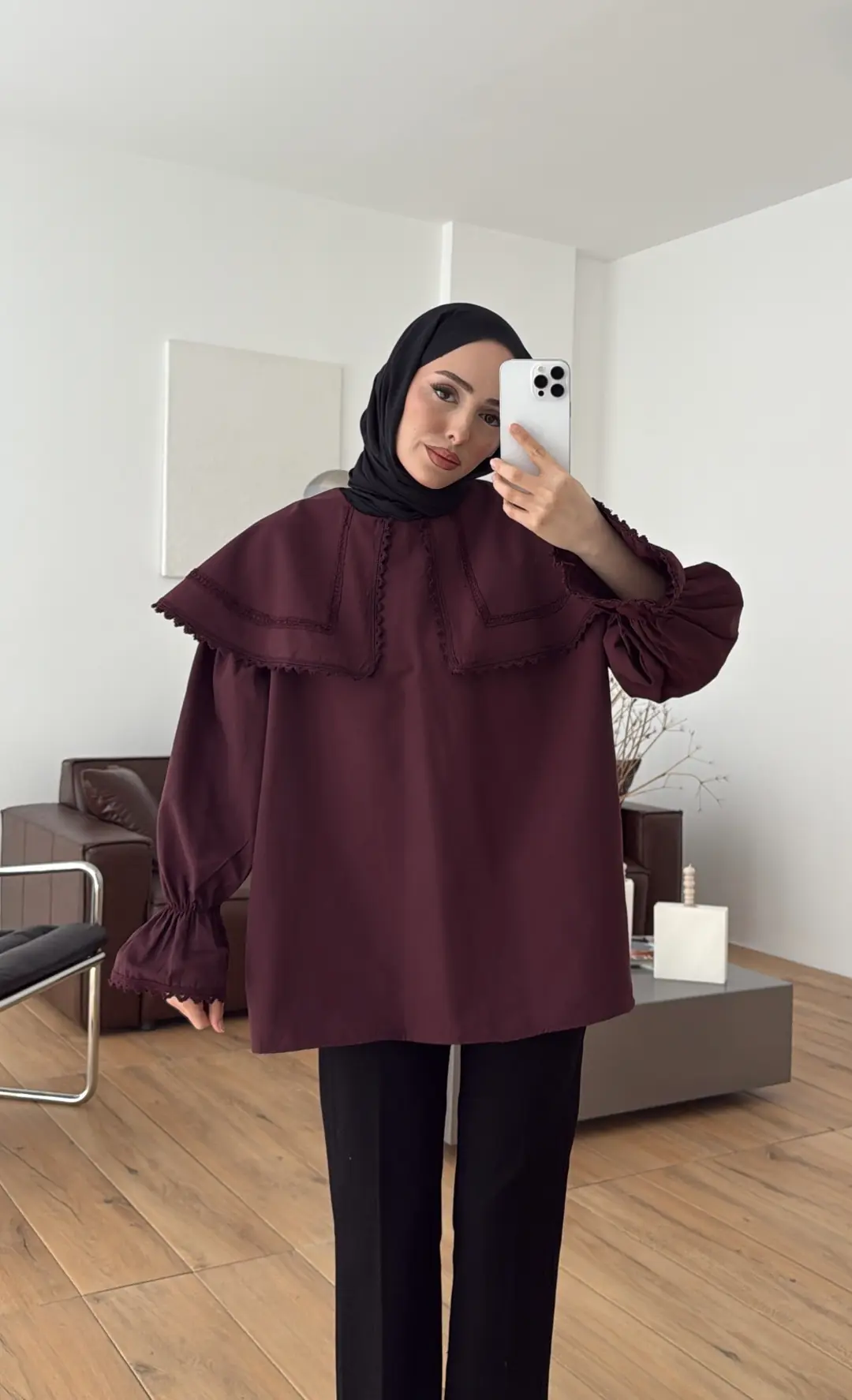 Bebe Yaka Dantel Geçişli Gömlek Bordo