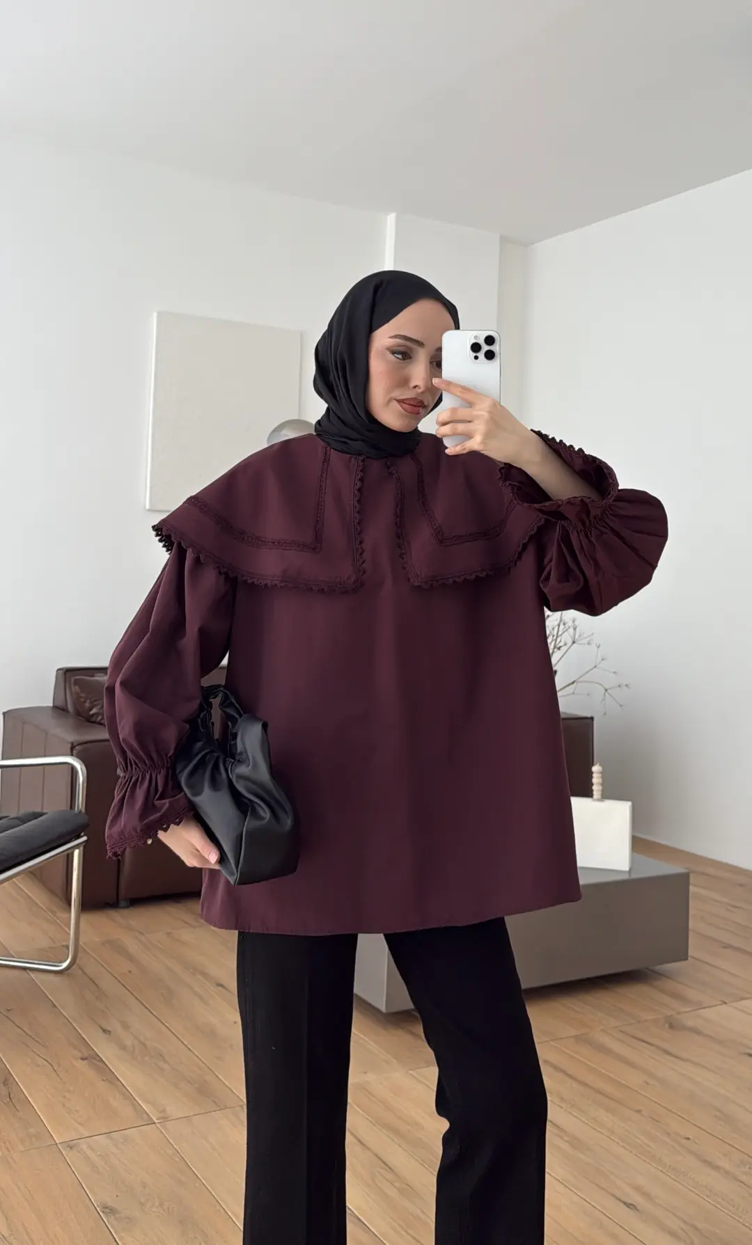 Bebe Yaka Dantel Geçişli Gömlek Bordo