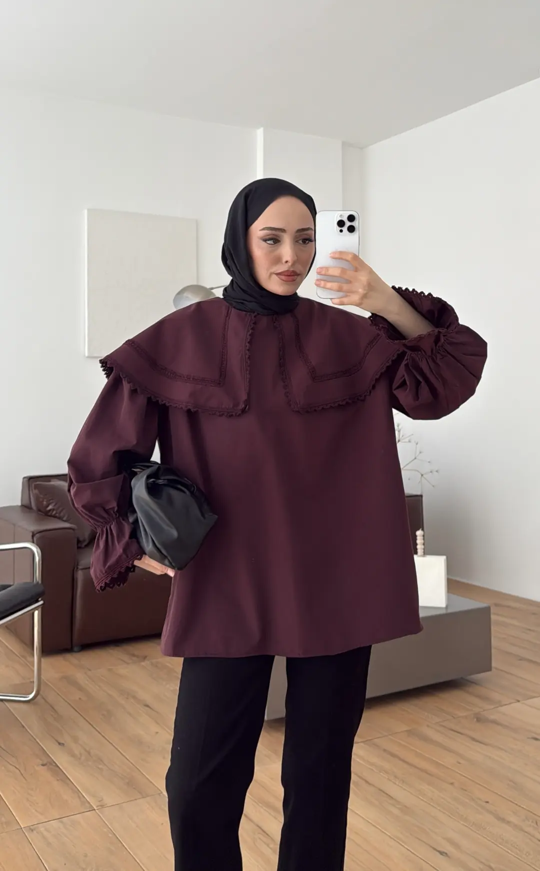 Bebe Yaka Dantel Geçişli Gömlek Bordo