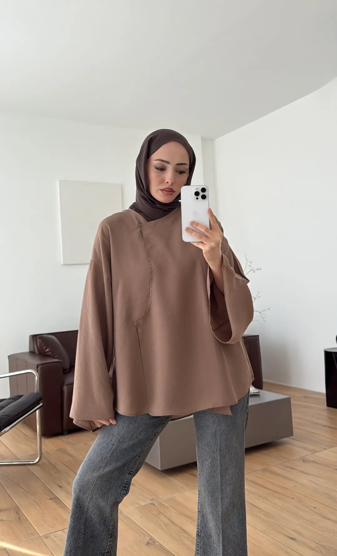 Asimetrik Kesim Bluz Sütlü Kahve