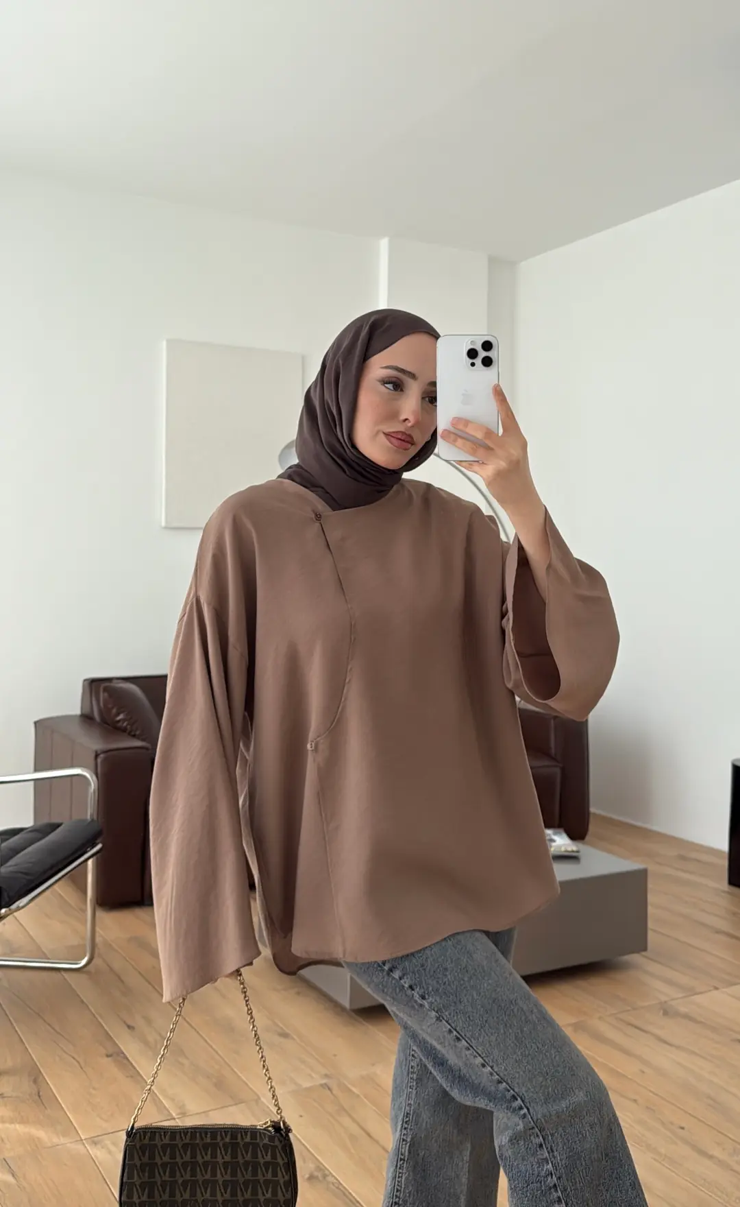 Asimetrik Kesim Bluz Sütlü Kahve