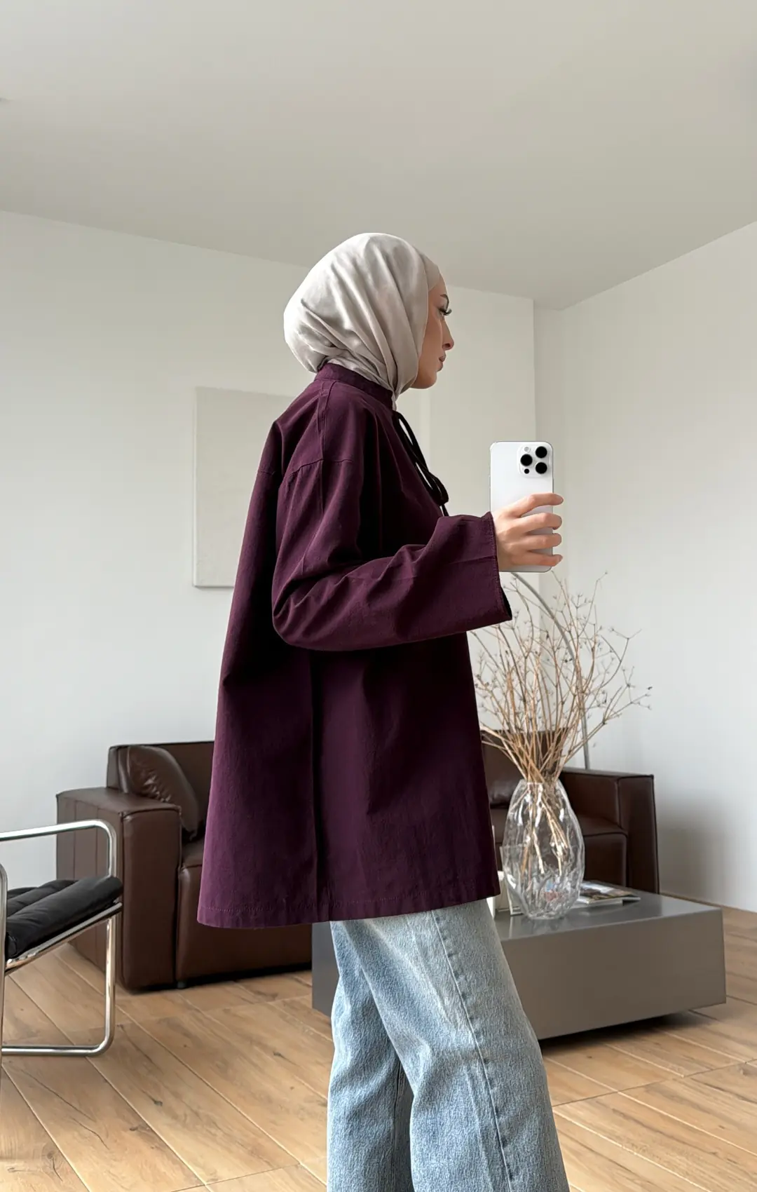 Yakası Bağlamalı Keten Bluz Mürdüm