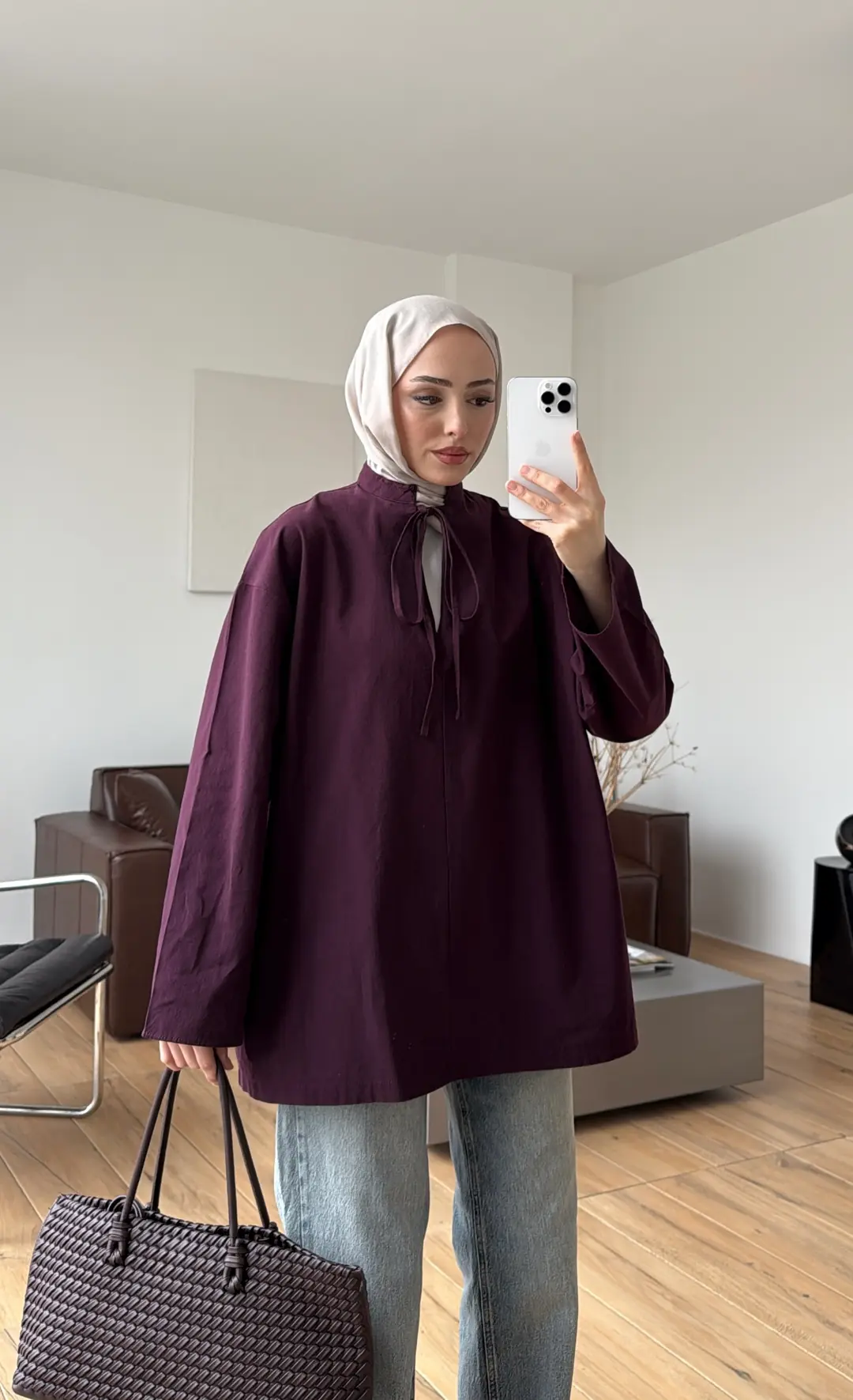 Yakası Bağlamalı Keten Bluz Mürdüm