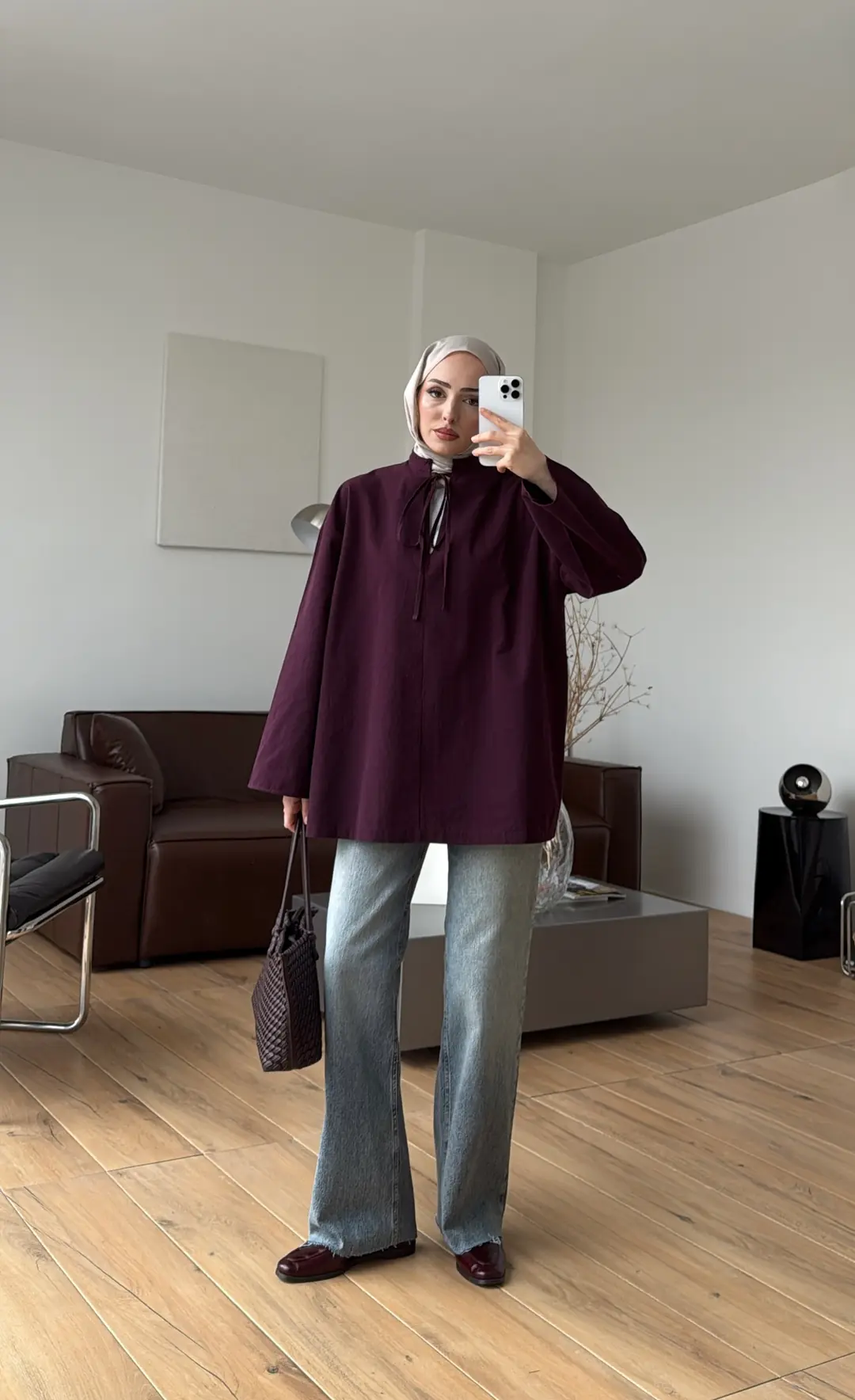 Yakası Bağlamalı Keten Bluz Mürdüm