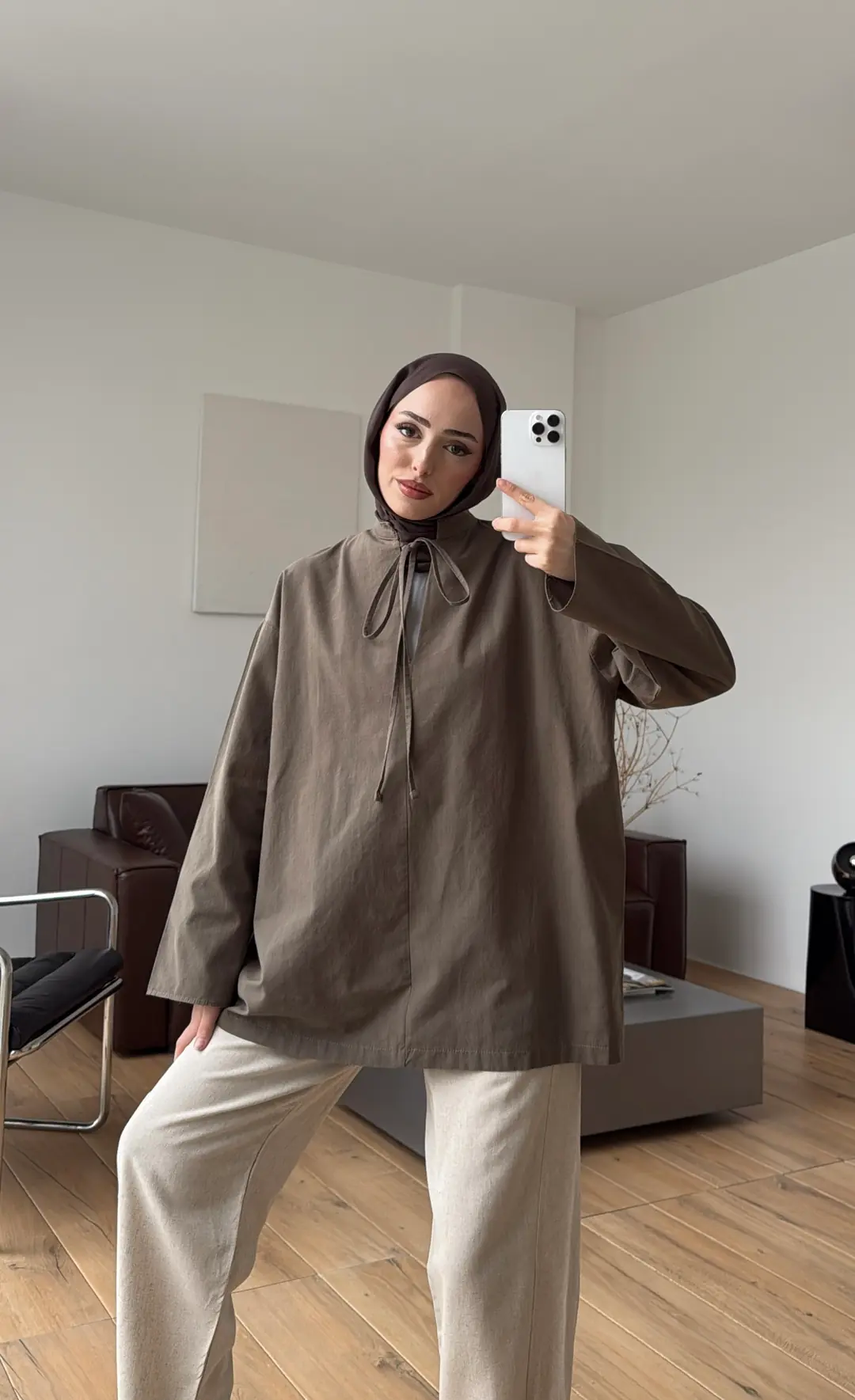 Yakası Bağlamalı Keten Bluz Haki
