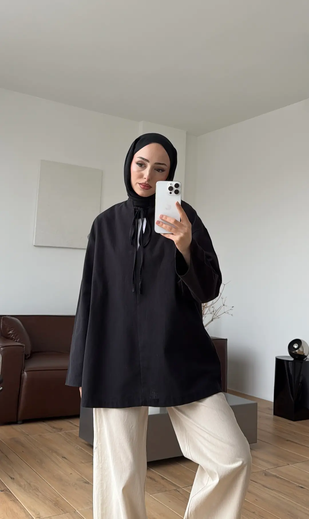 Yakası Bağlamalı Keten Bluz Siyah