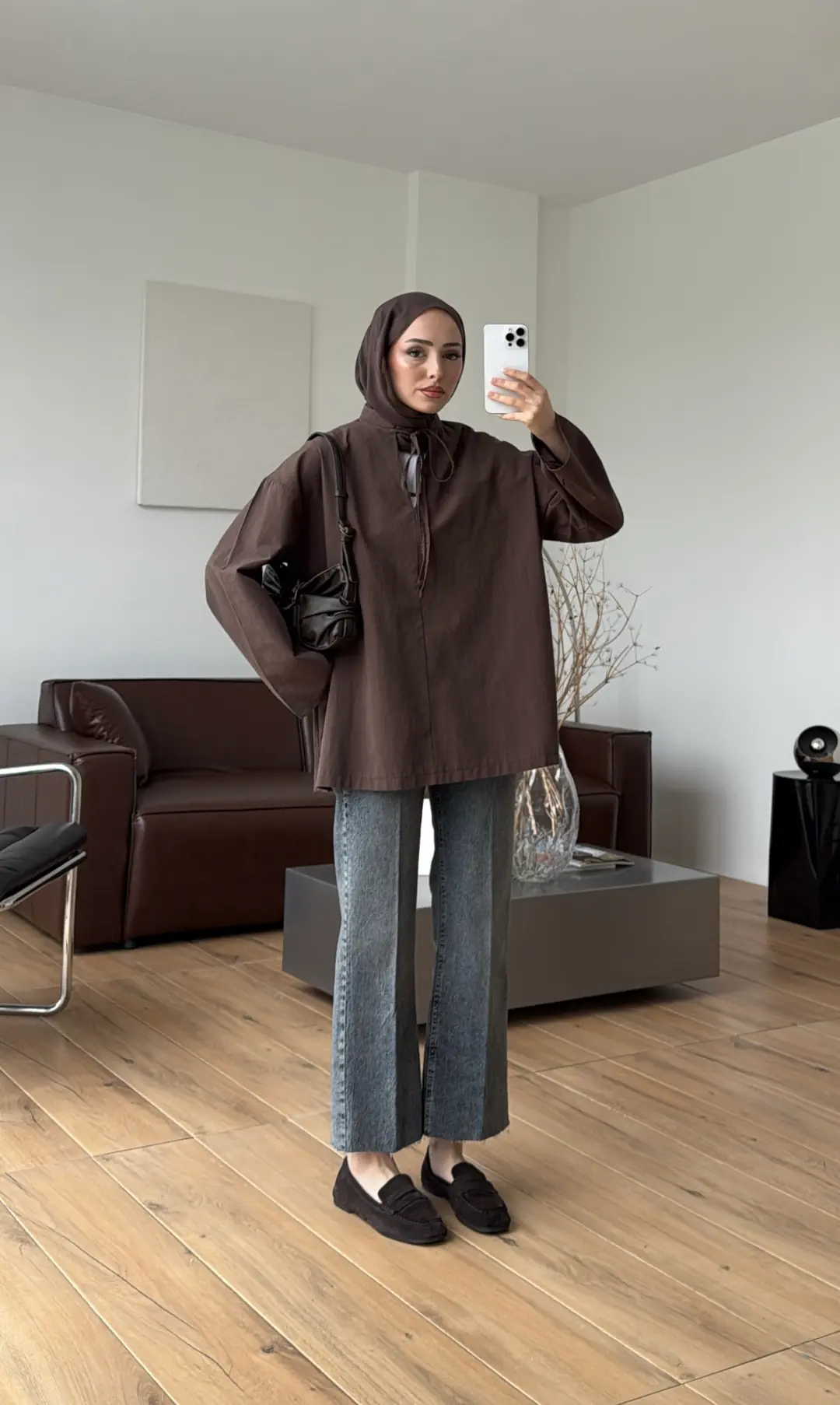 Yakası Bağlamalı Keten Bluz Kahve