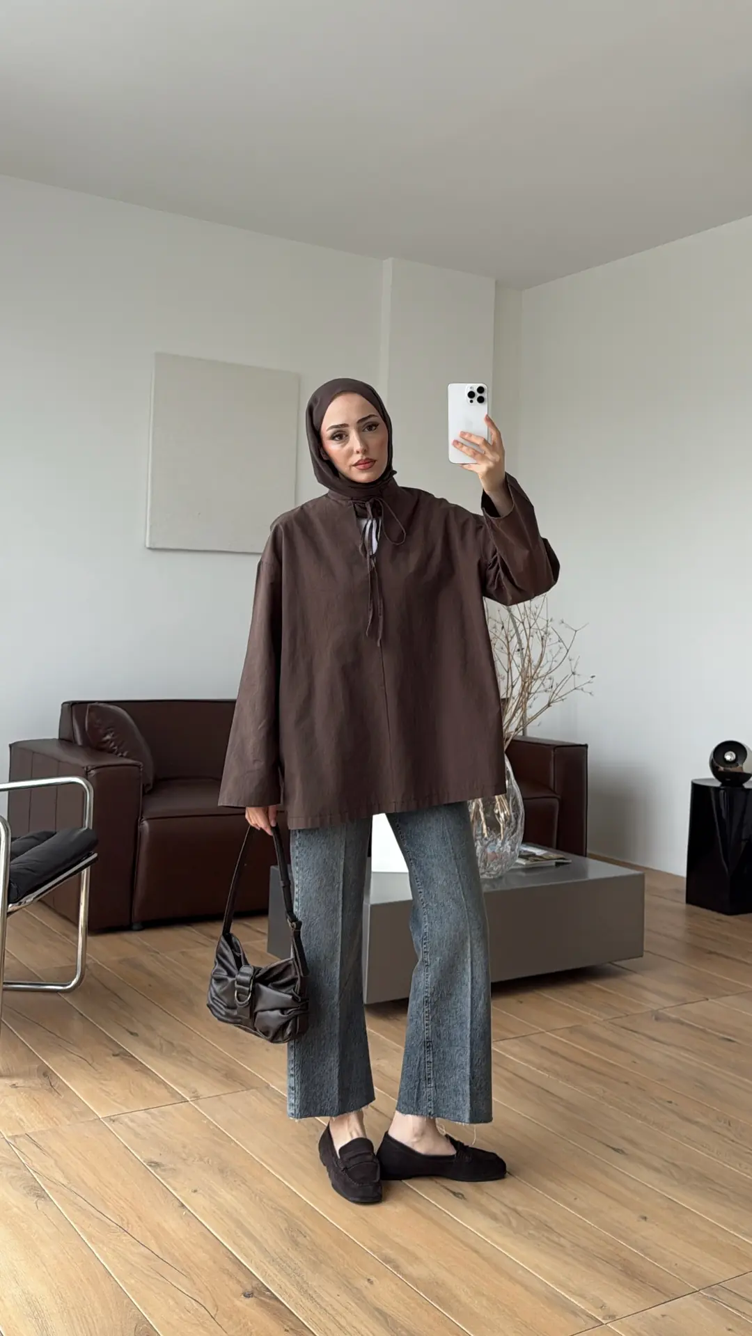 Yakası Bağlamalı Keten Bluz Kahve
