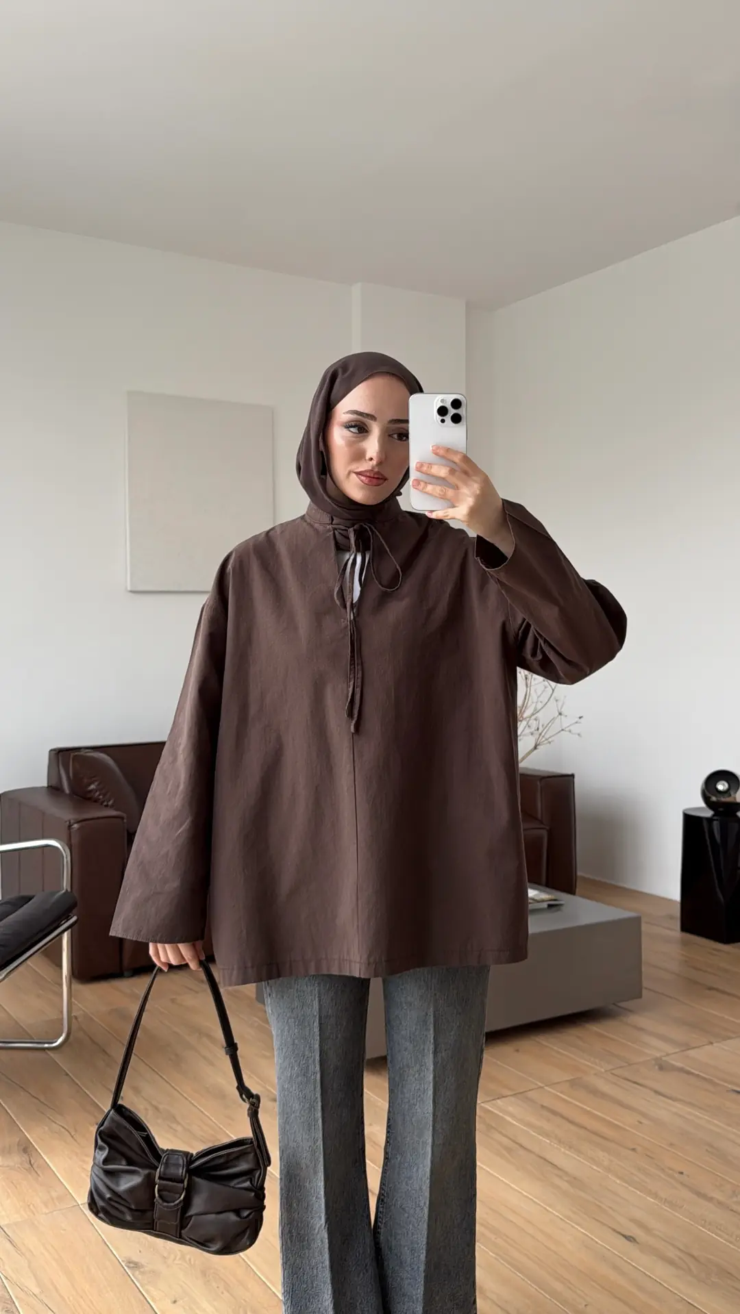 Yakası Bağlamalı Keten Bluz Kahve