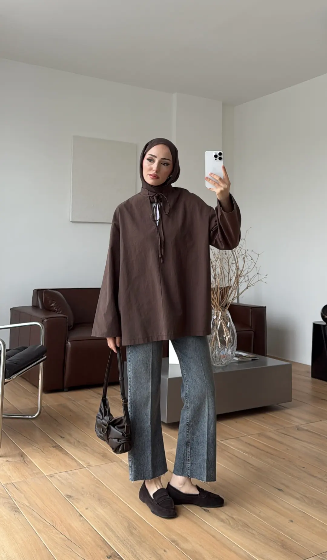 Yakası Bağlamalı Keten Bluz Kahve