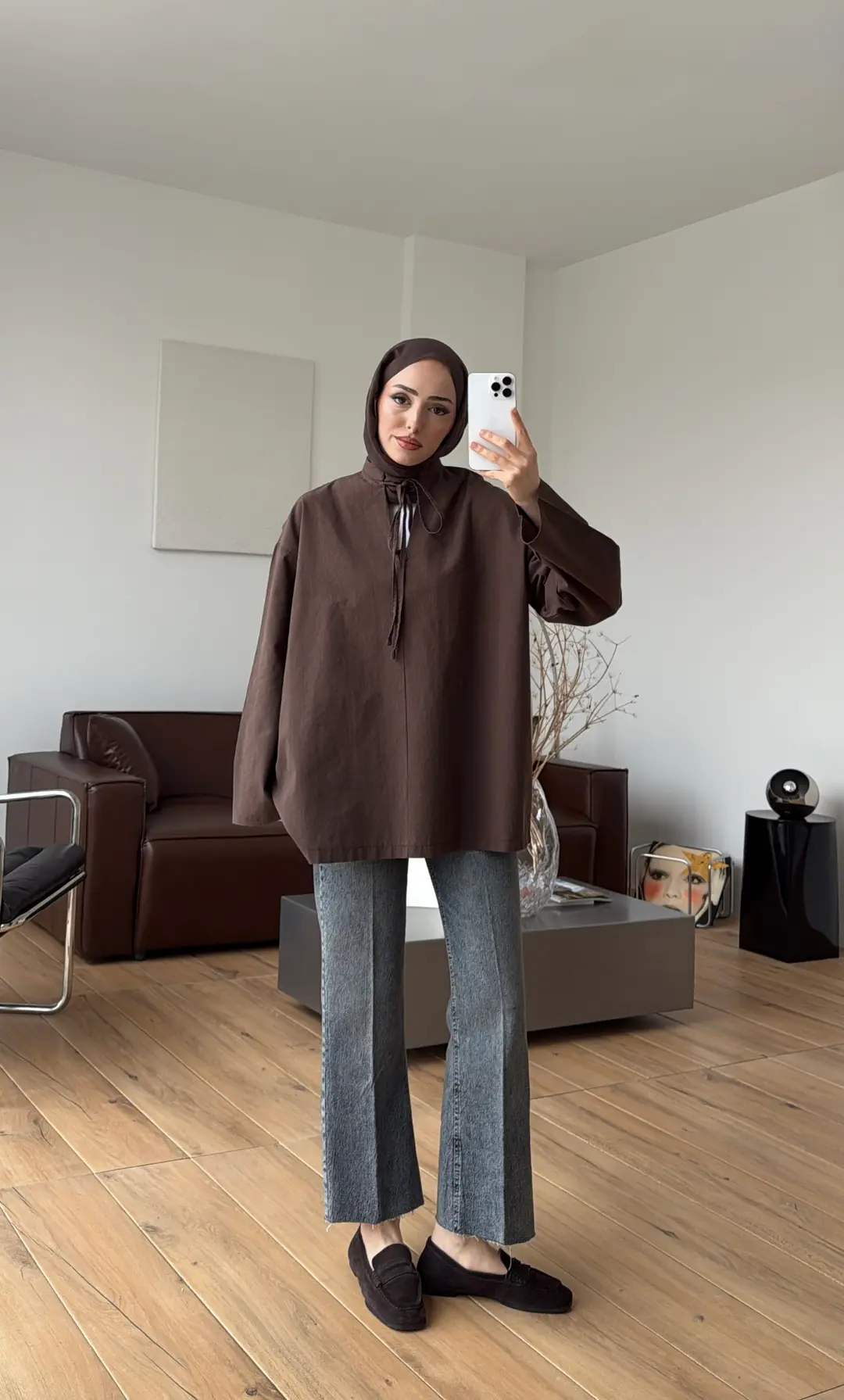 Yakası Bağlamalı Keten Bluz Kahve