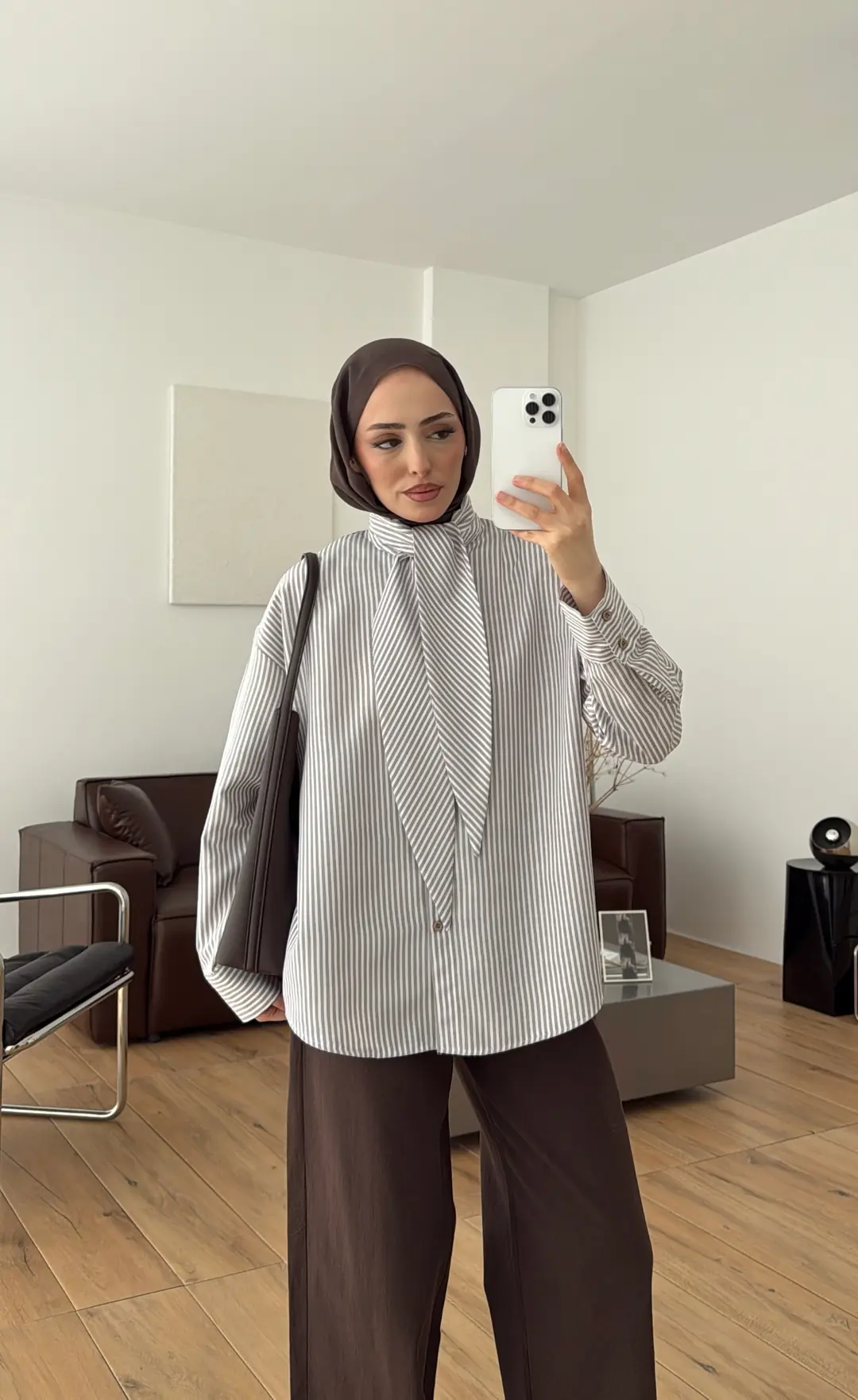 Çizgili Fular Detay Gömlek Vizon