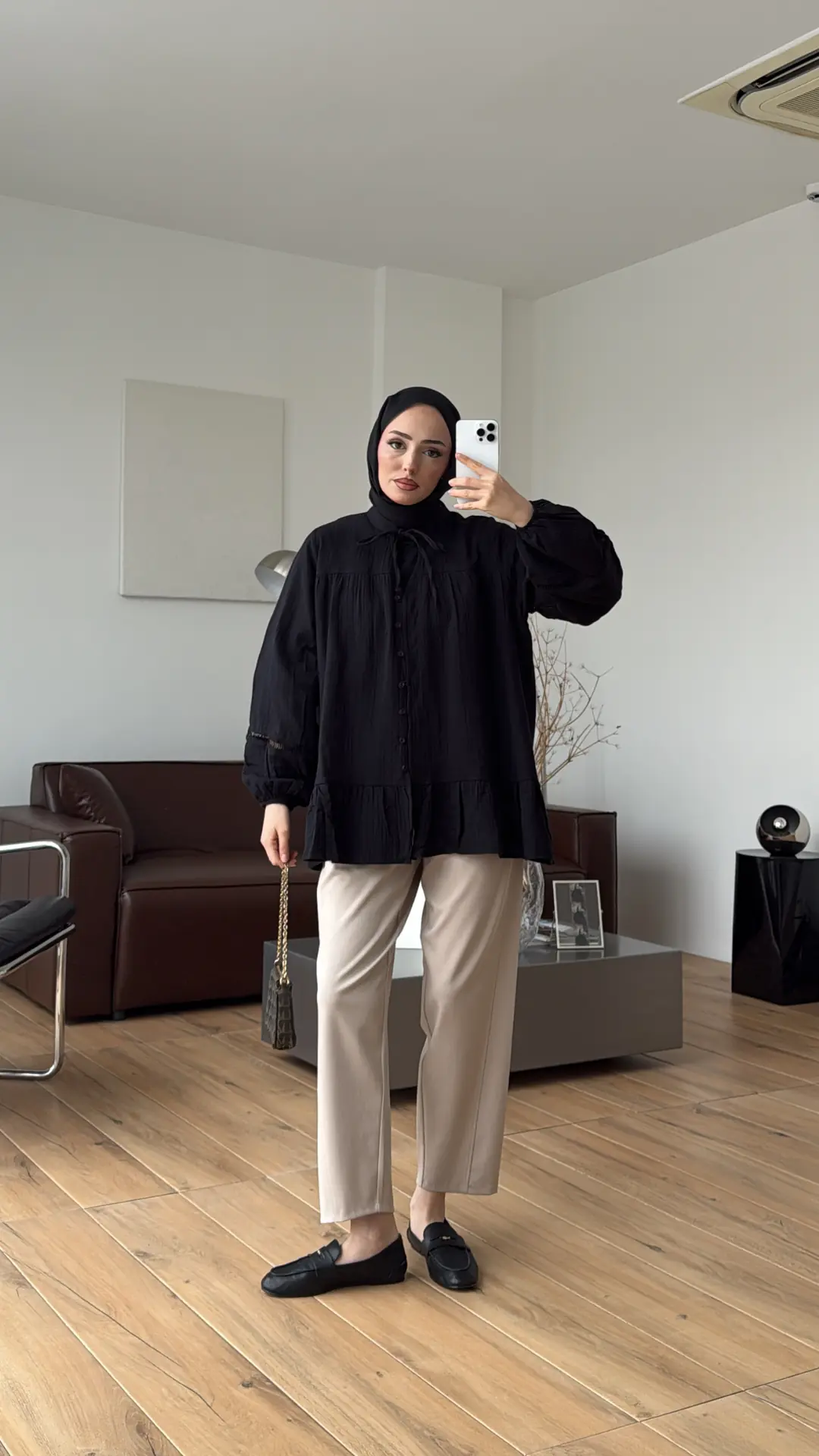 Şerit Detay Muslin Gömlek Siyah