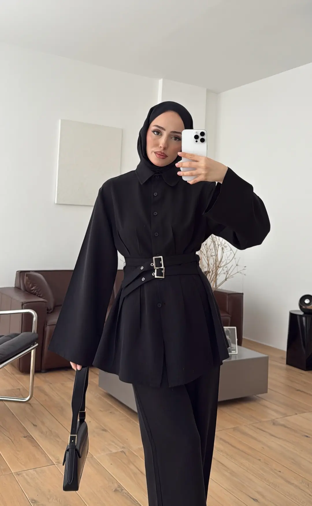 Pile Detay Kemerli Takım Siyah