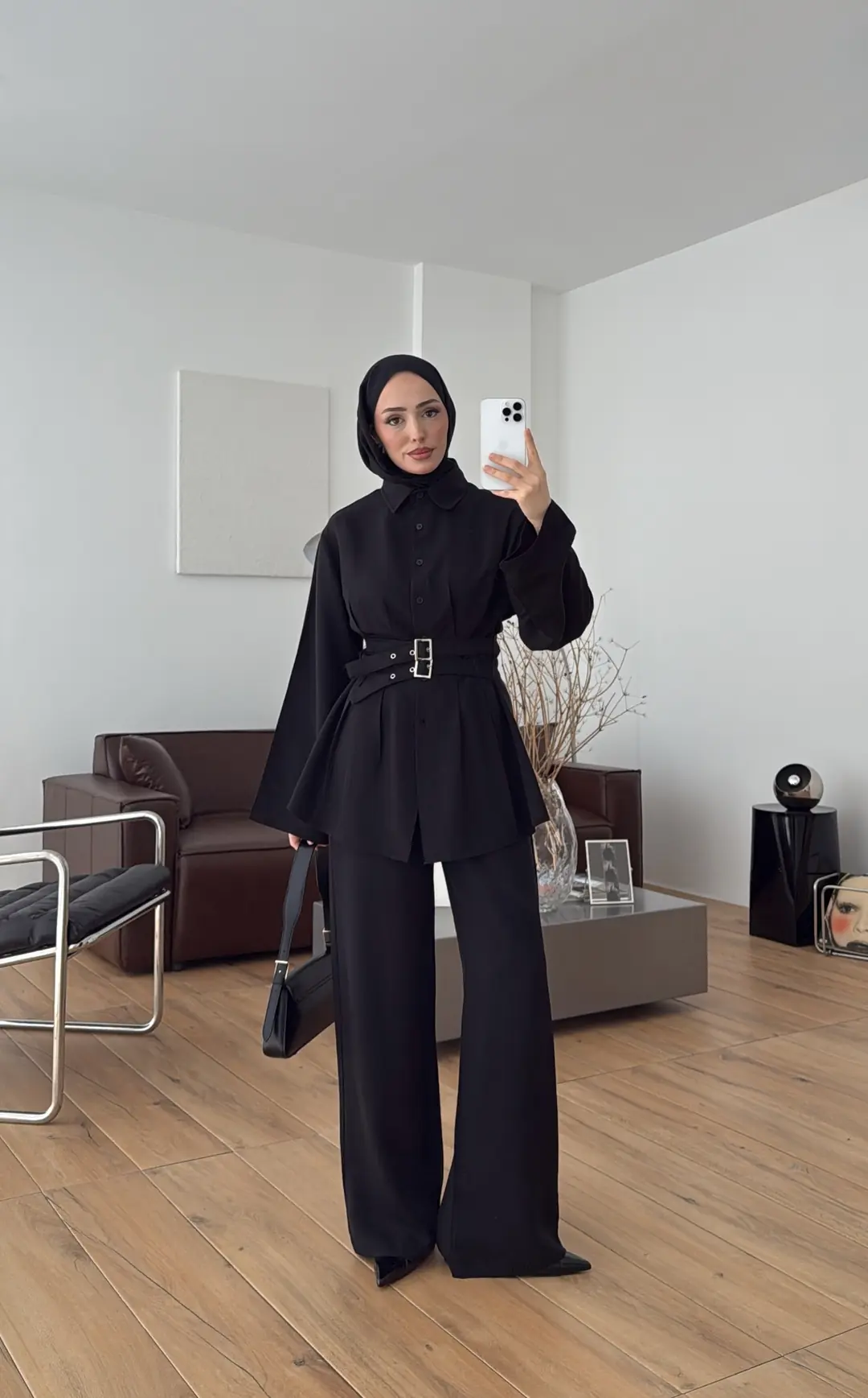 Pile Detay Kemerli Takım Siyah