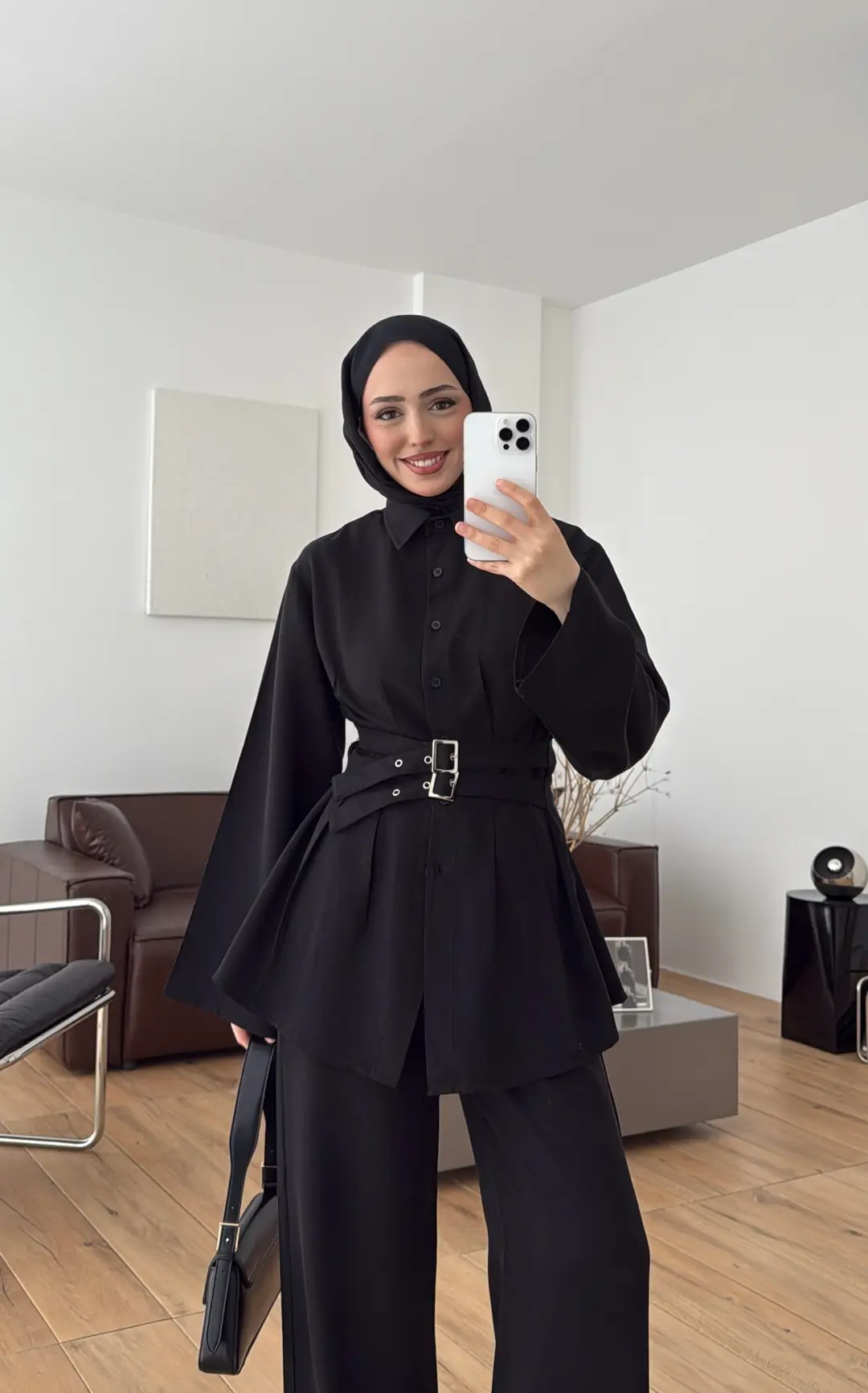 Pile Detay Kemerli Takım Siyah