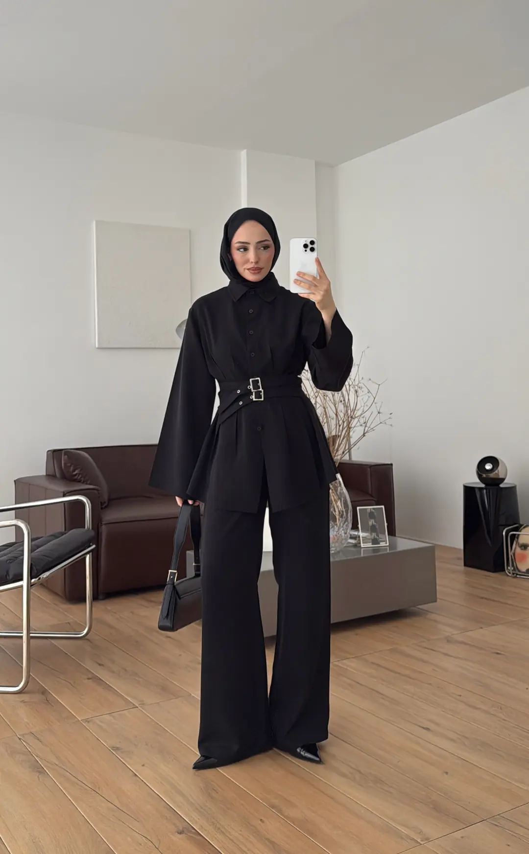 Pile Detay Kemerli Takım Siyah