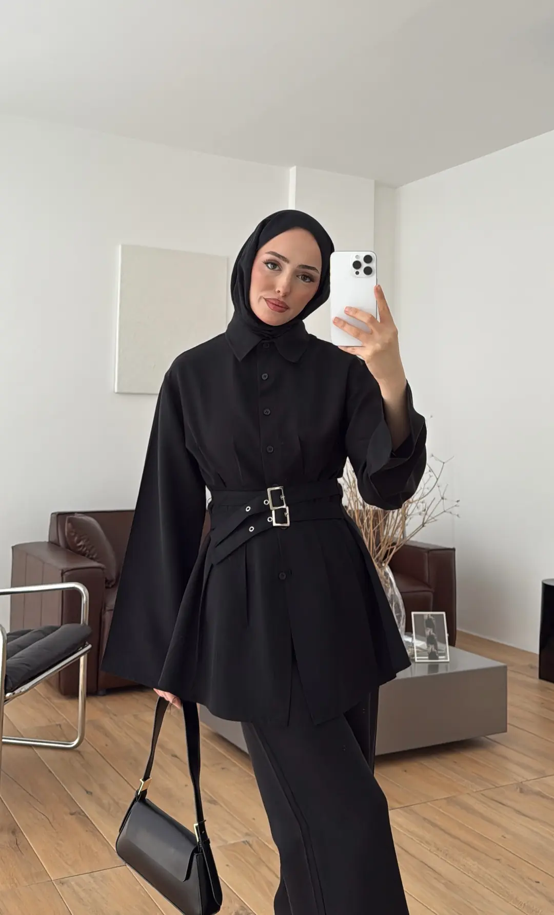 Pile Detay Kemerli Takım Siyah