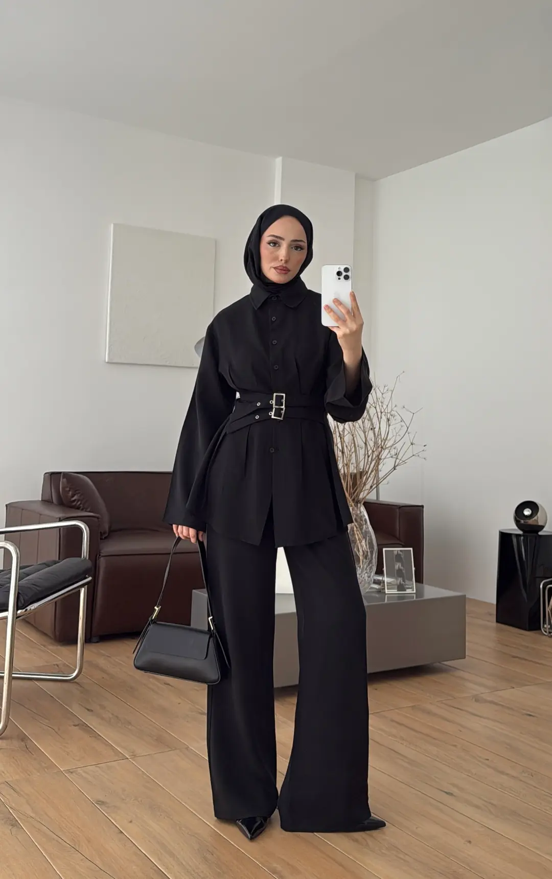 Pile Detay Kemerli Takım Siyah