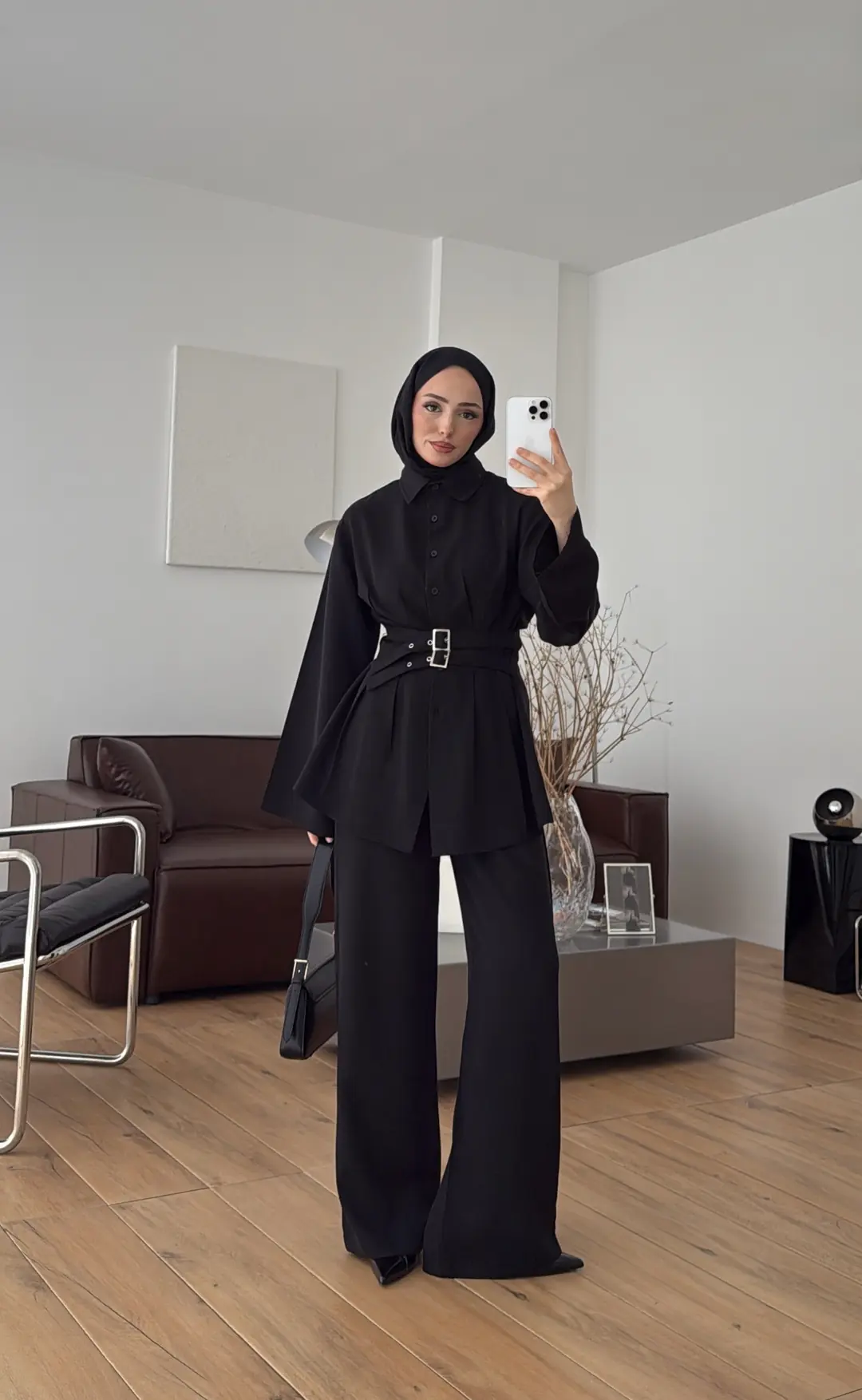 Pile Detay Kemerli Takım Siyah