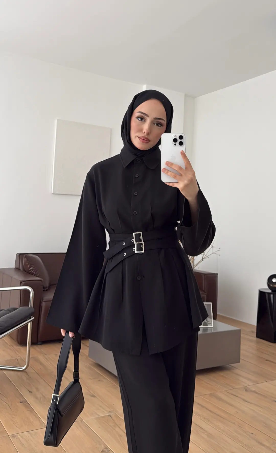 Pile Detay Kemerli Takım Siyah