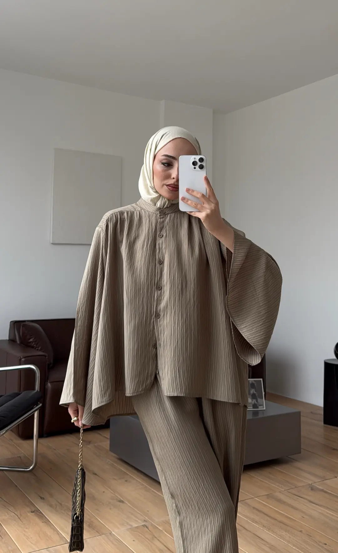 Oversize Geniş Kol Çizgili Takım Haki