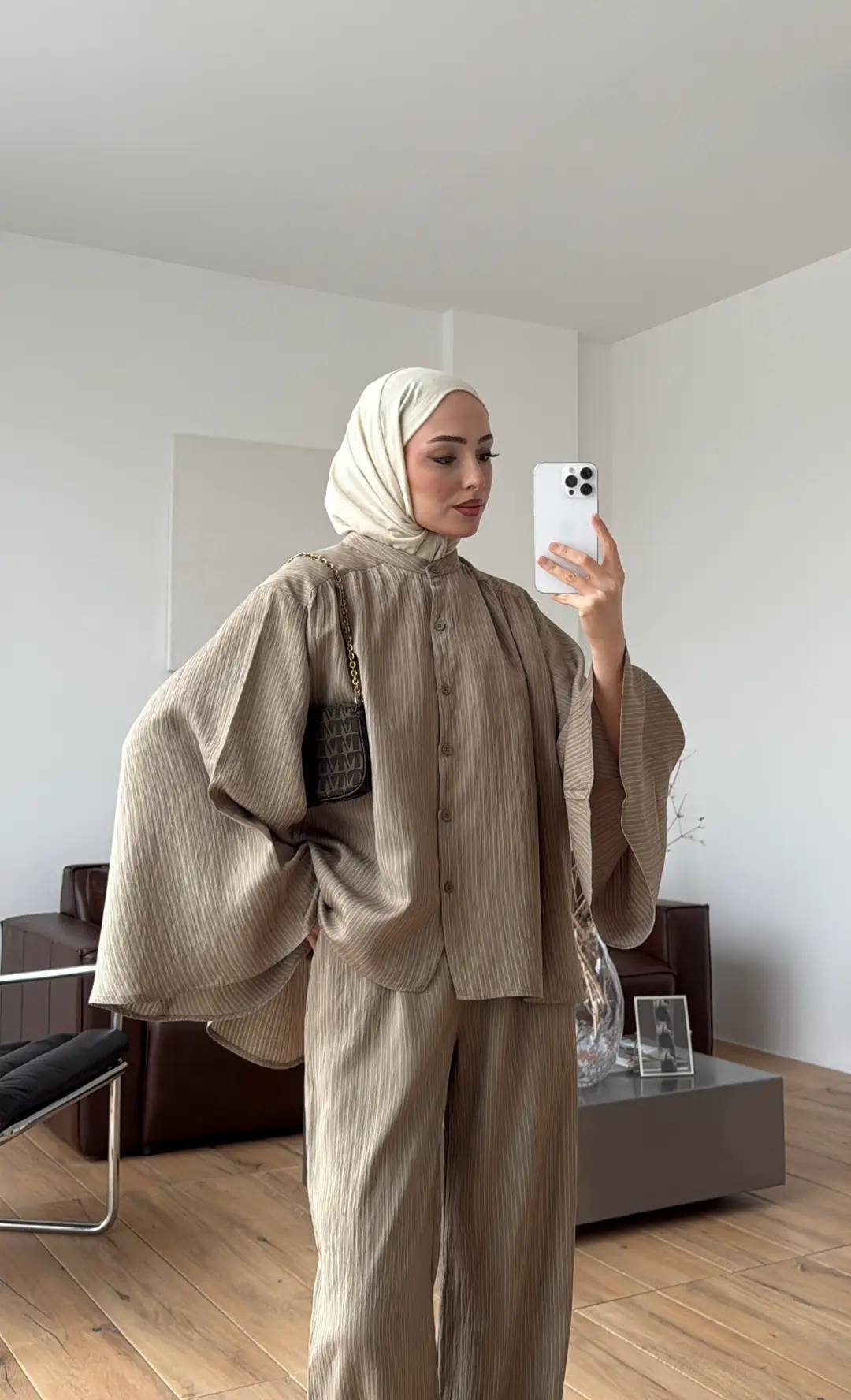 Oversize Geniş Kol Çizgili Takım Haki