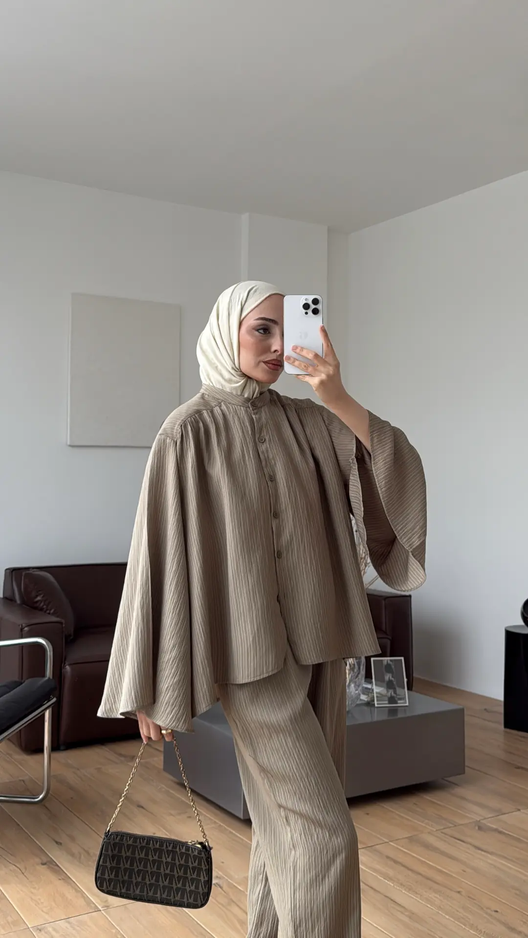 Oversize Geniş Kol Çizgili Takım Haki