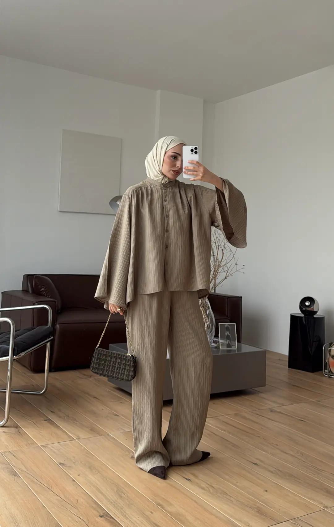 Oversize Geniş Kol Çizgili Takım Haki