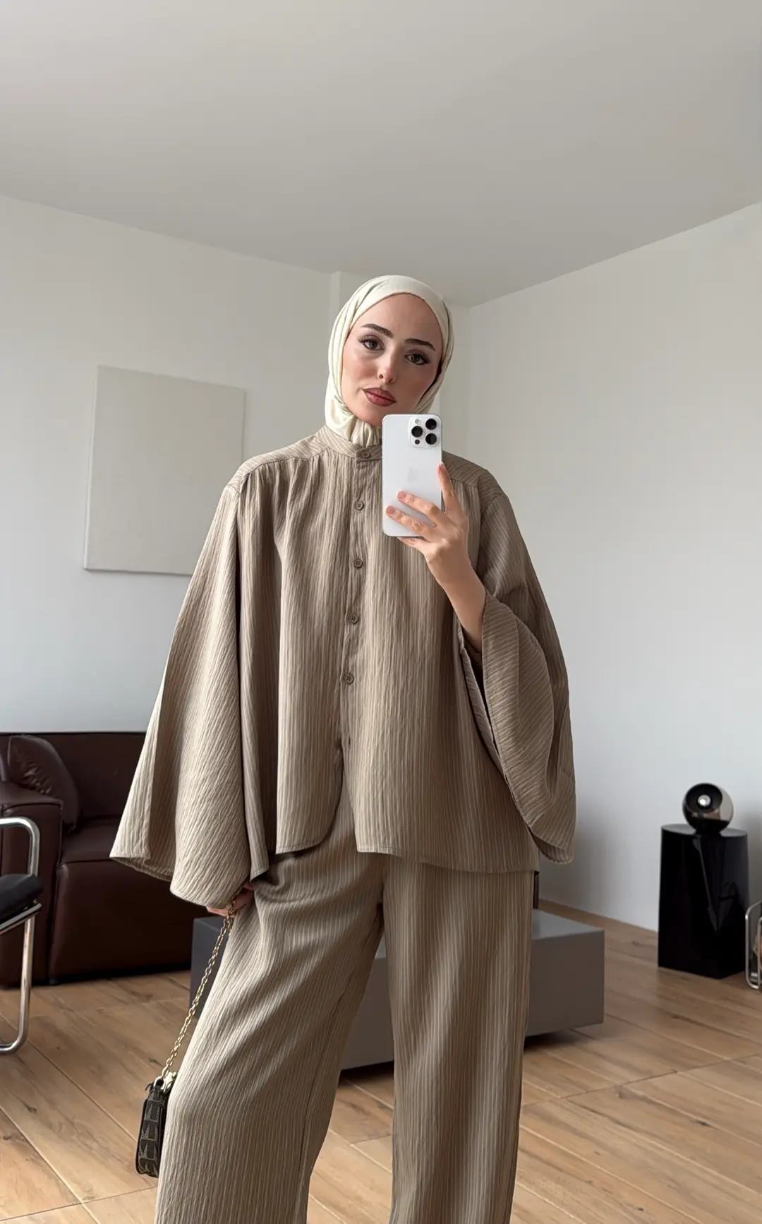 Oversize Geniş Kol Çizgili Takım Haki
