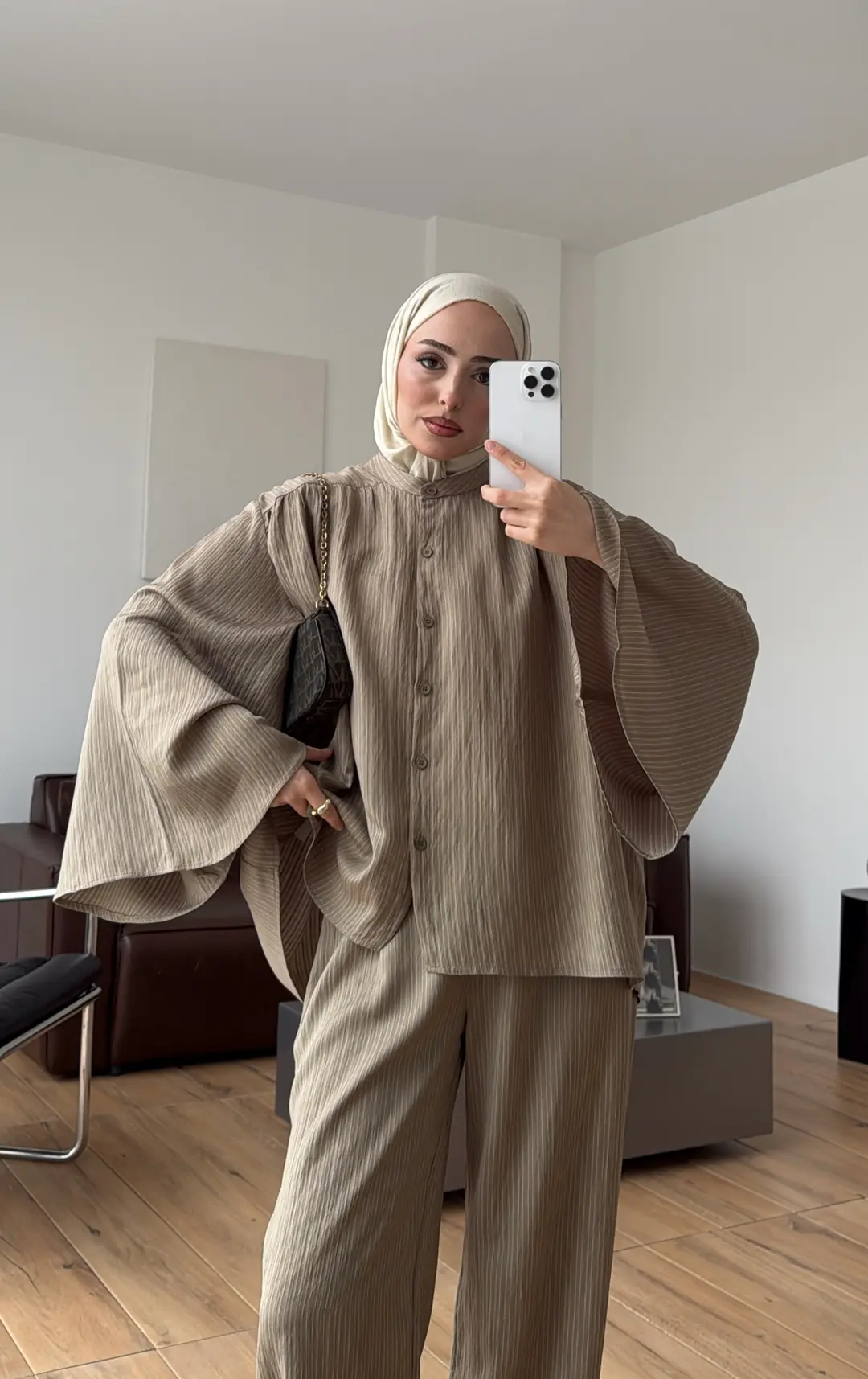 Oversize Geniş Kol Çizgili Takım Haki