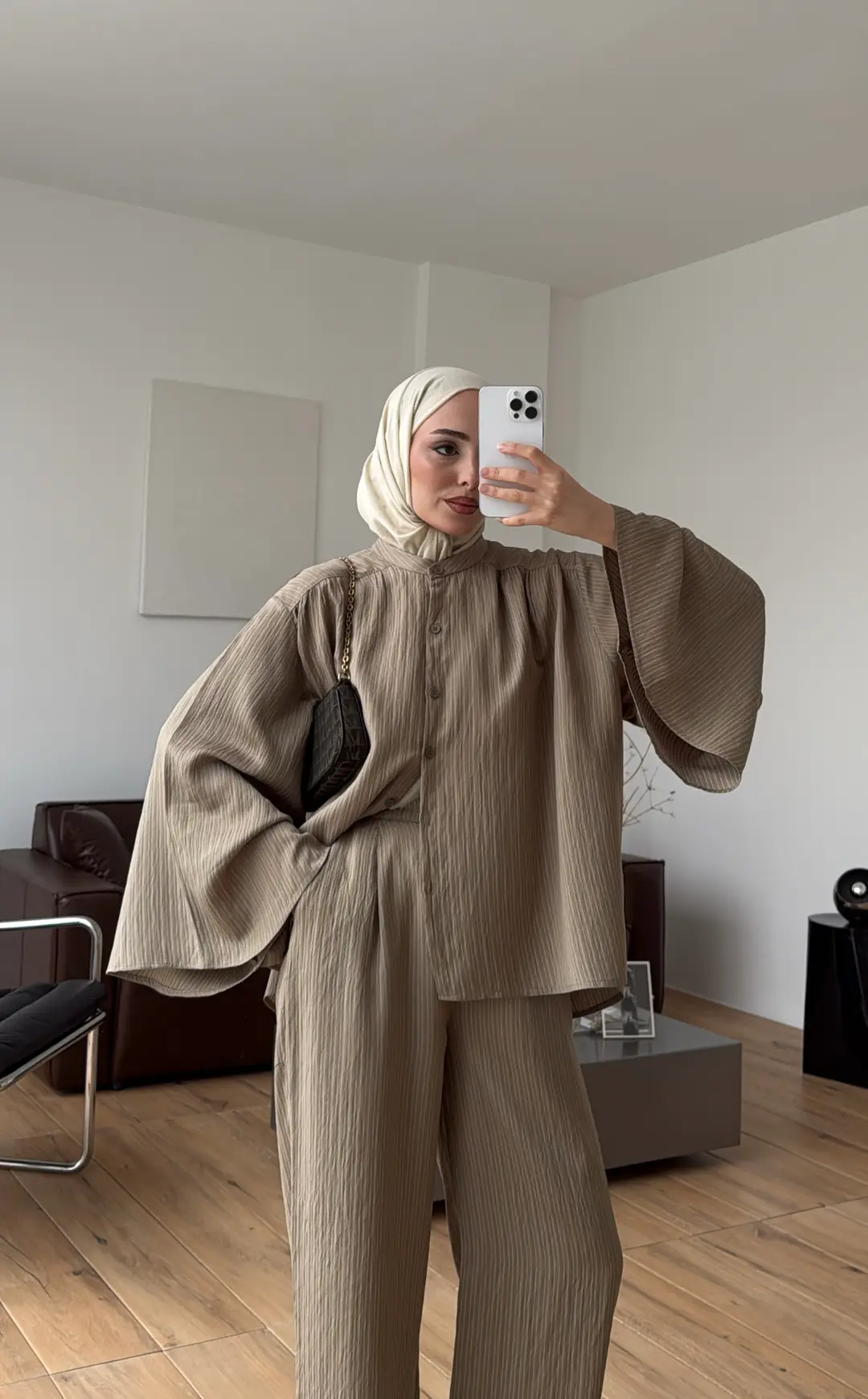 Oversize Geniş Kol Çizgili Takım Haki