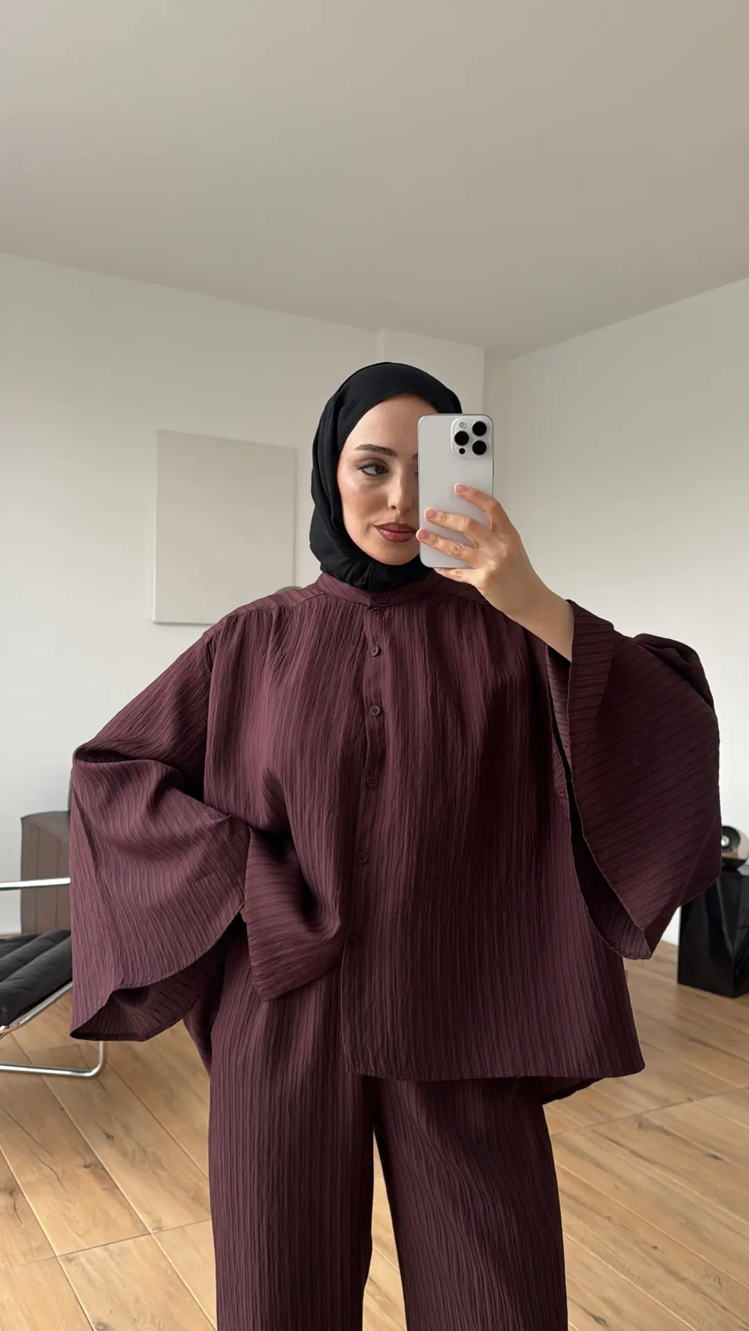 Oversize Geniş Kol Çizgili Takım Bordo