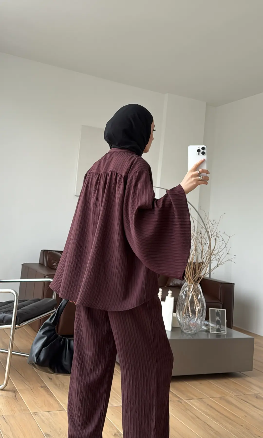 Oversize Geniş Kol Çizgili Takım Bordo